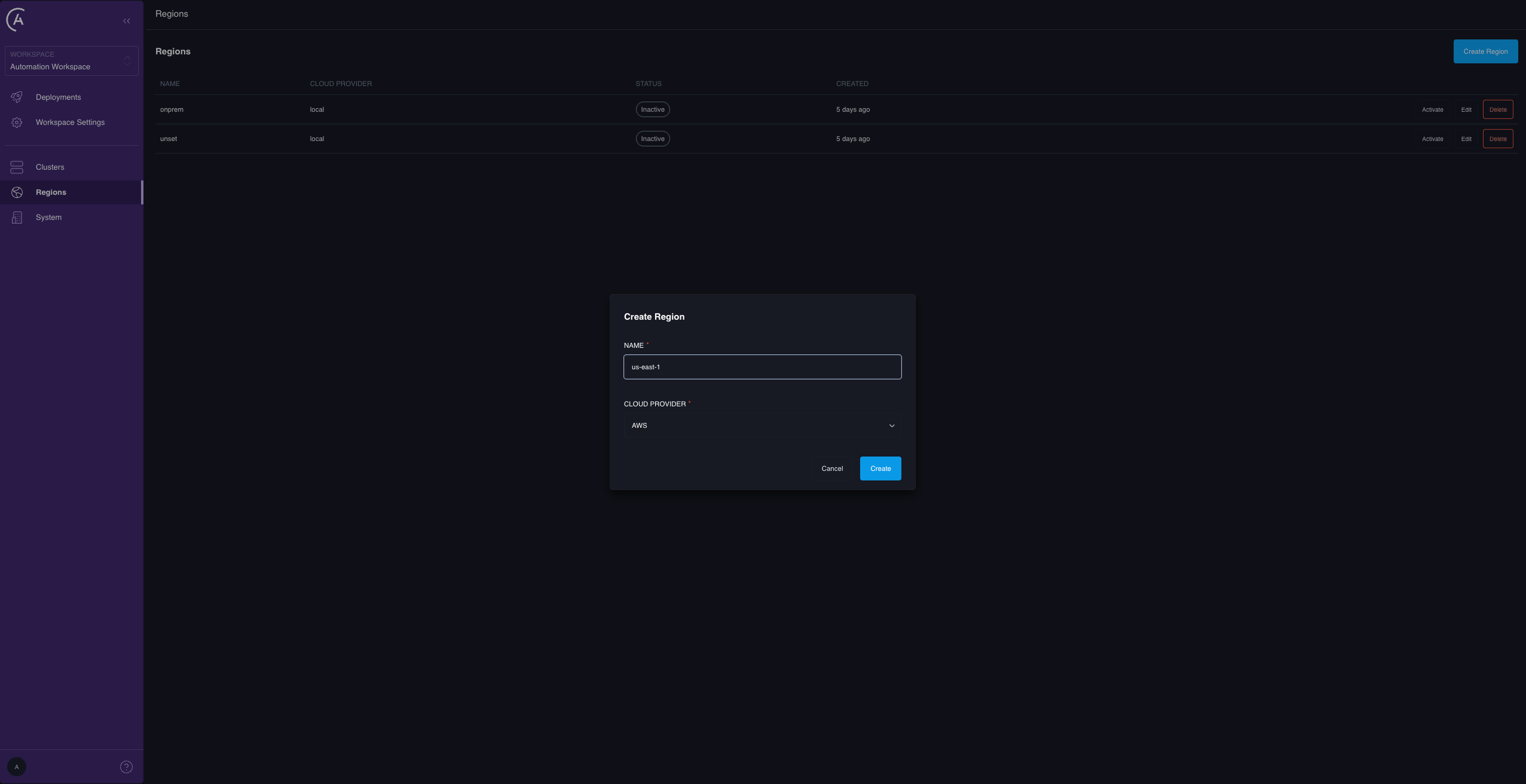 The Create Region dialog with the Name and Cloud Provider fields