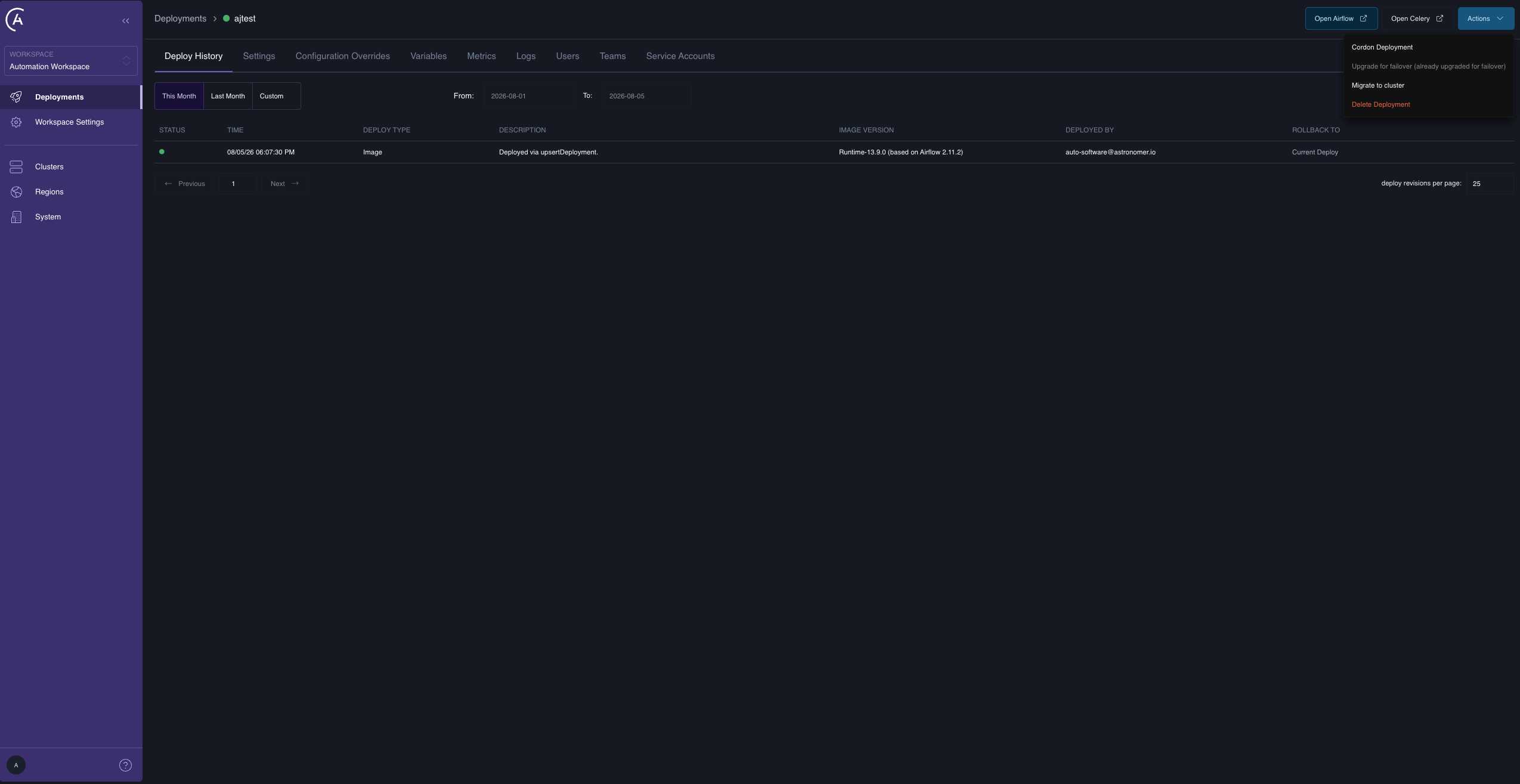 The Actions menu on the Deployment detail page, showing Migrate to cluster