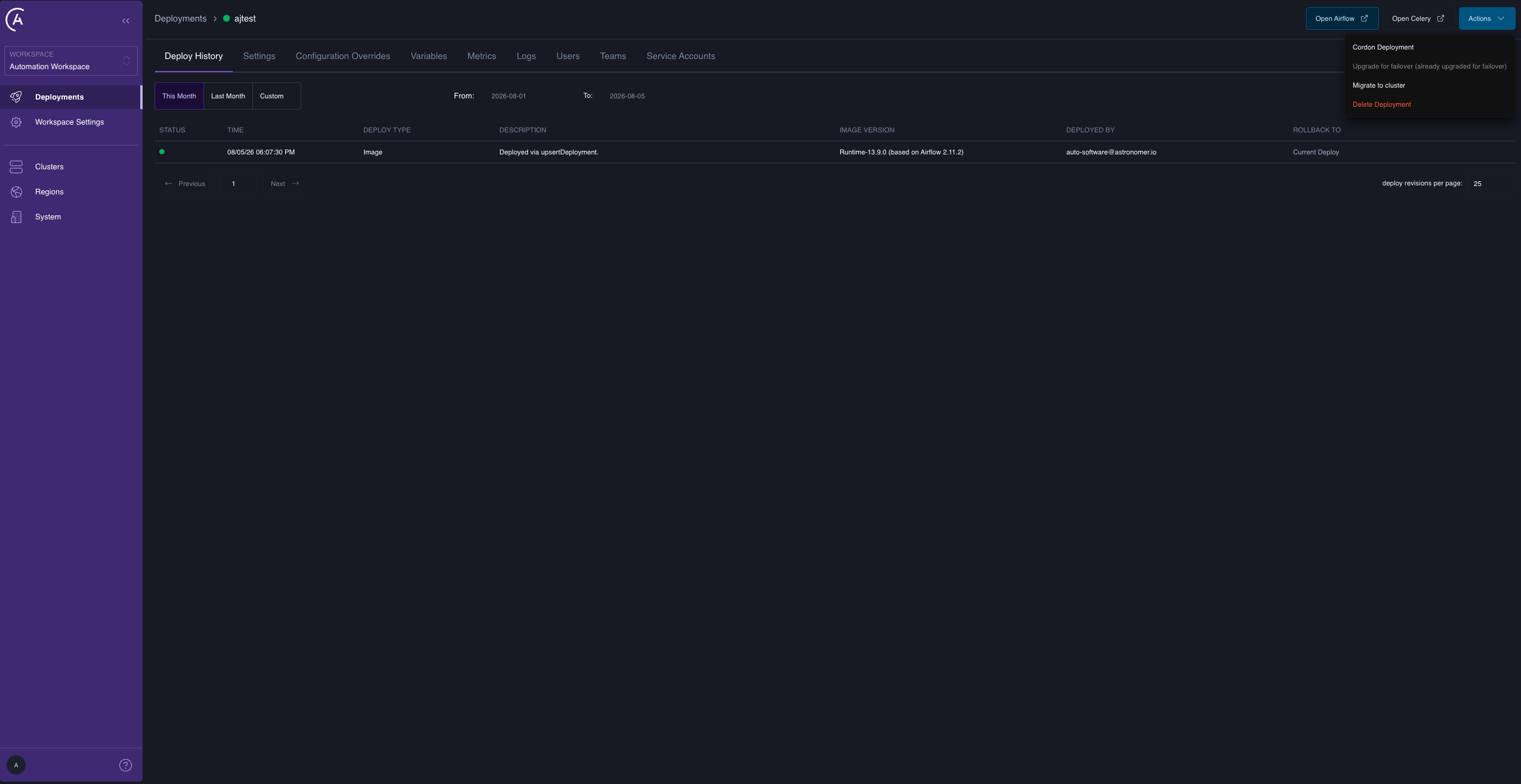 The Actions menu on the Deployment detail page, showing Migrate to cluster
