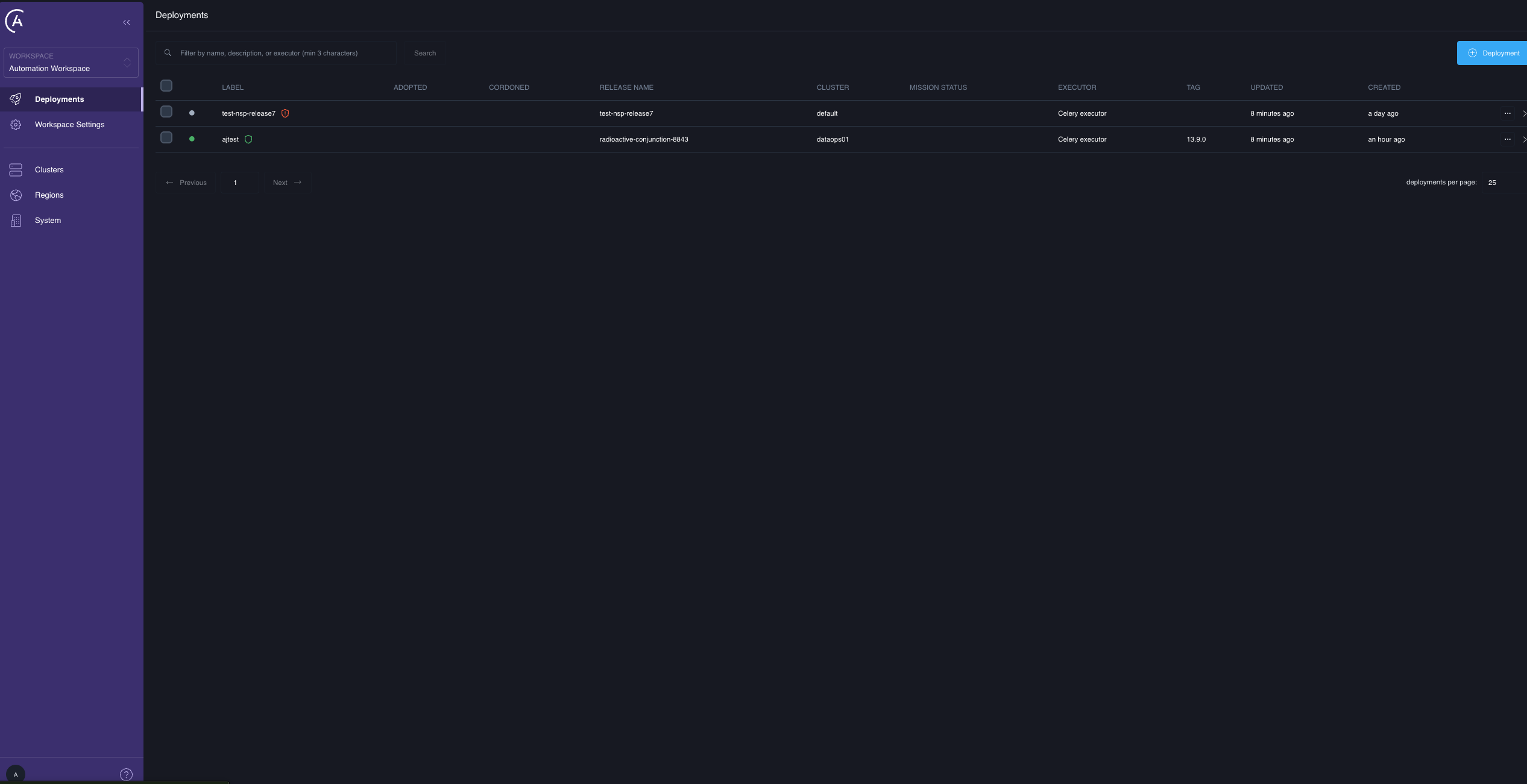 The Deployments list with the checkbox column, bulk-actions menu, failover-readiness shield, and Mission Status column