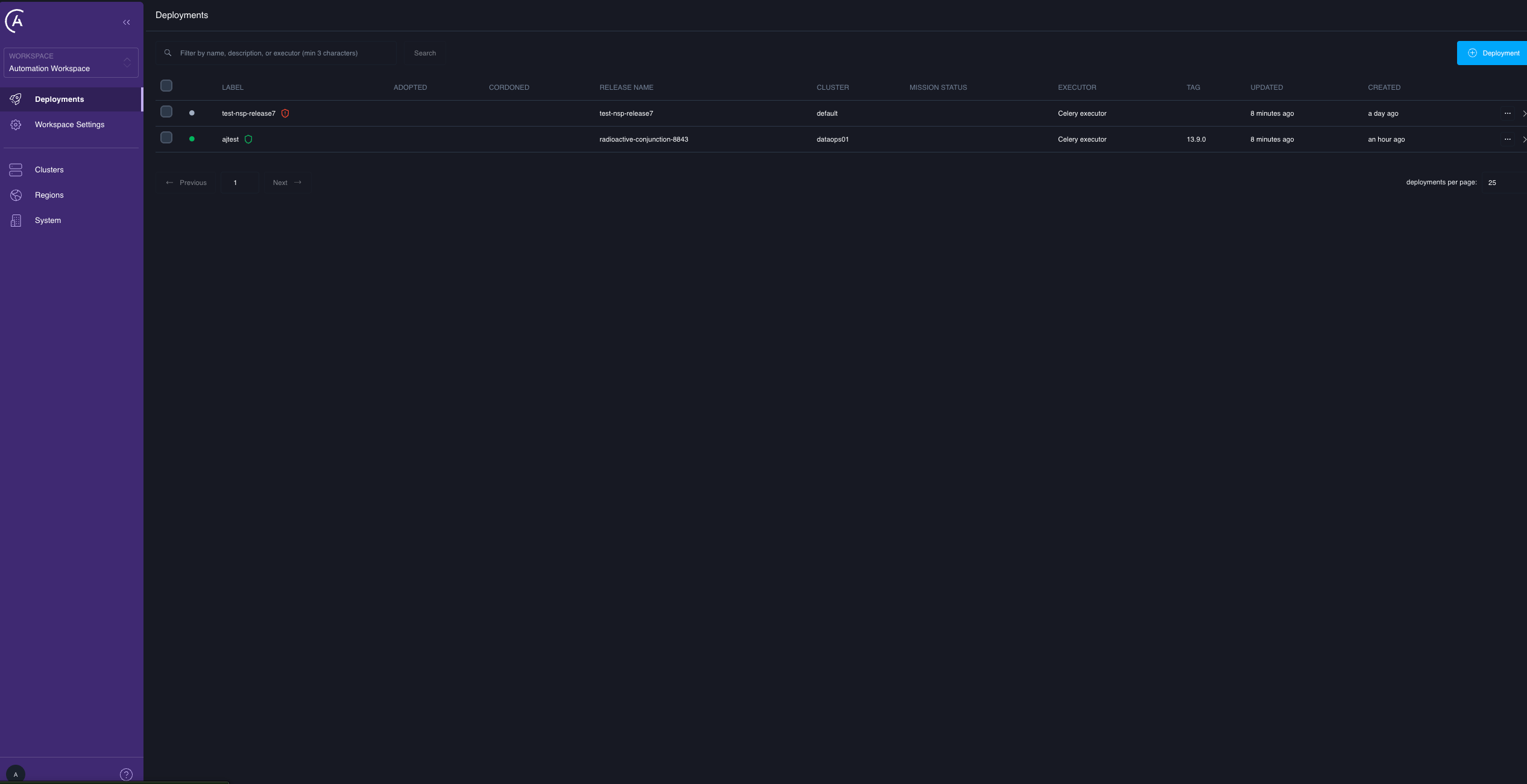 The Deployments list with the checkbox column, bulk-actions menu, failover-readiness shield, and Mission Status column