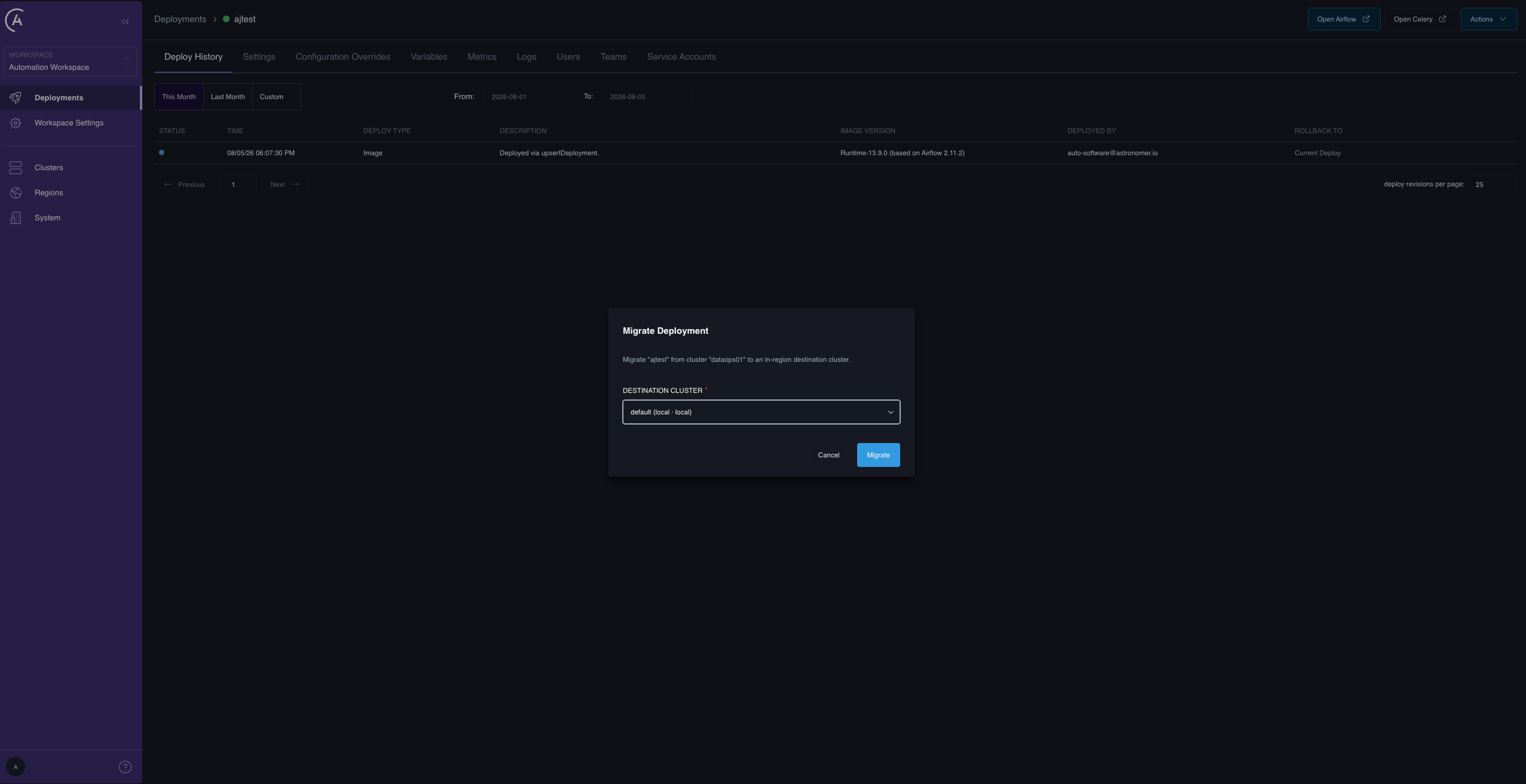 The Migrate to cluster destination picker opened from the Deployment detail page