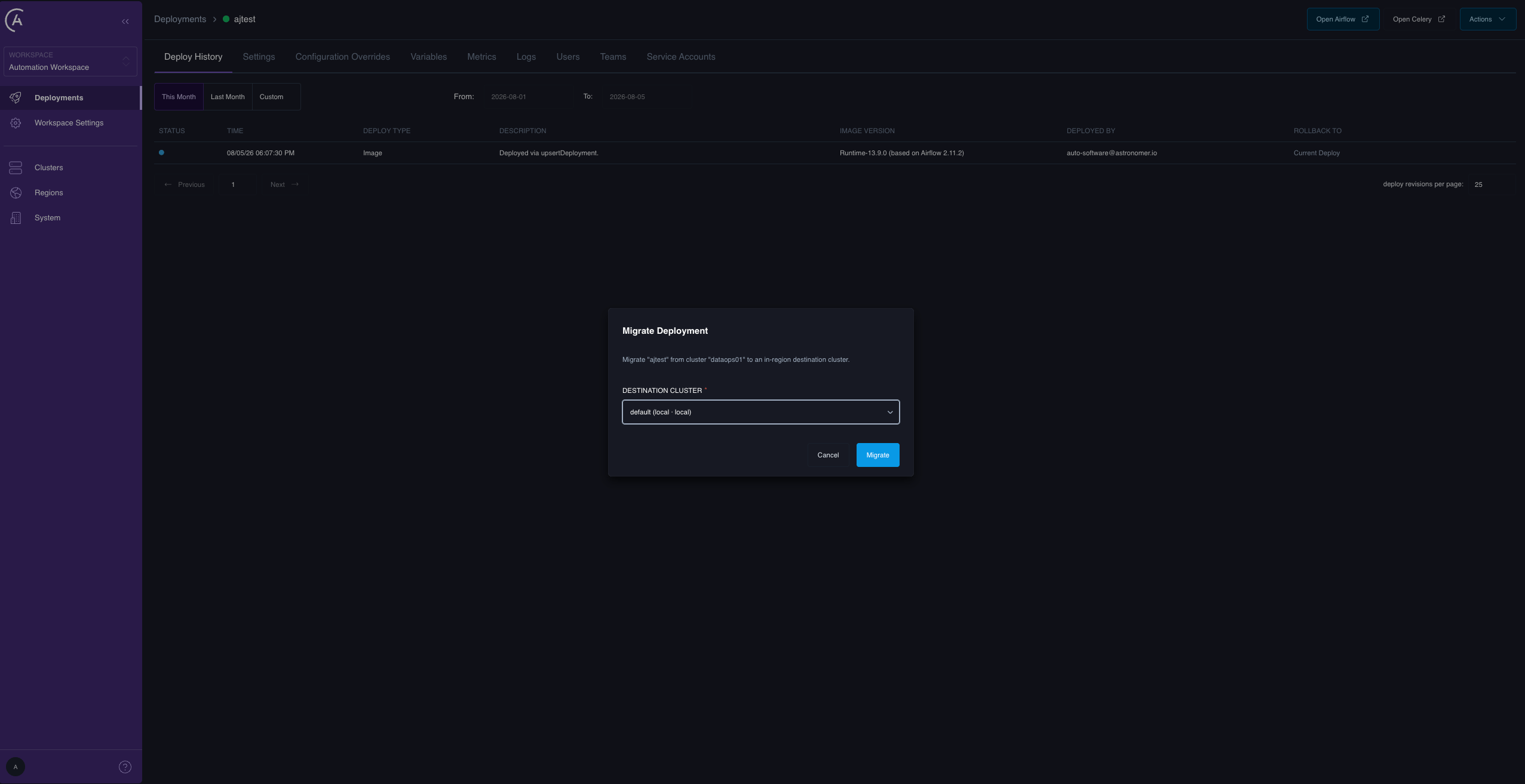 The Migrate to cluster destination picker opened from the Deployment detail page