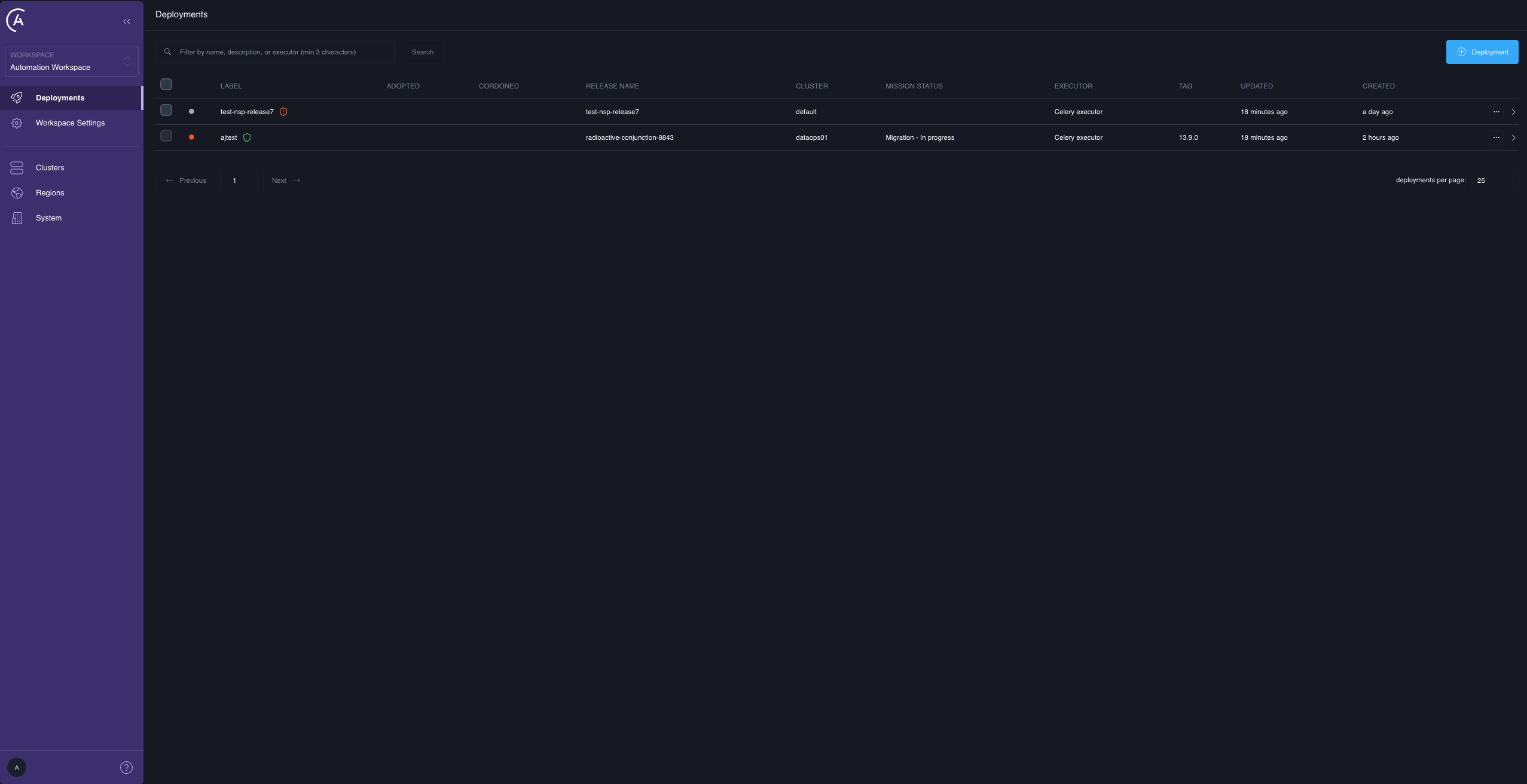 A Deployment showing a migration in progress in the Mission Status column