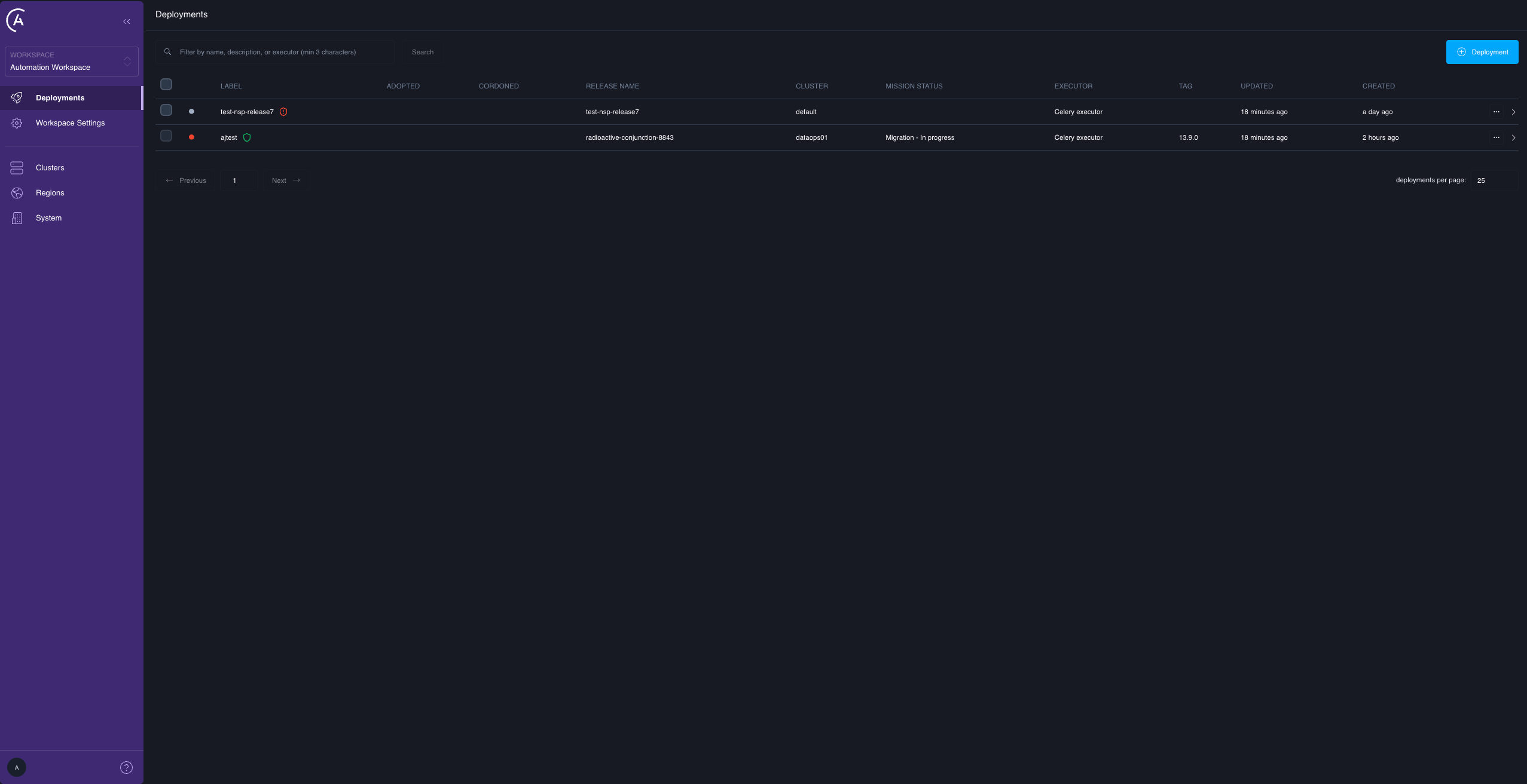 A Deployment showing a migration in progress in the Mission Status column