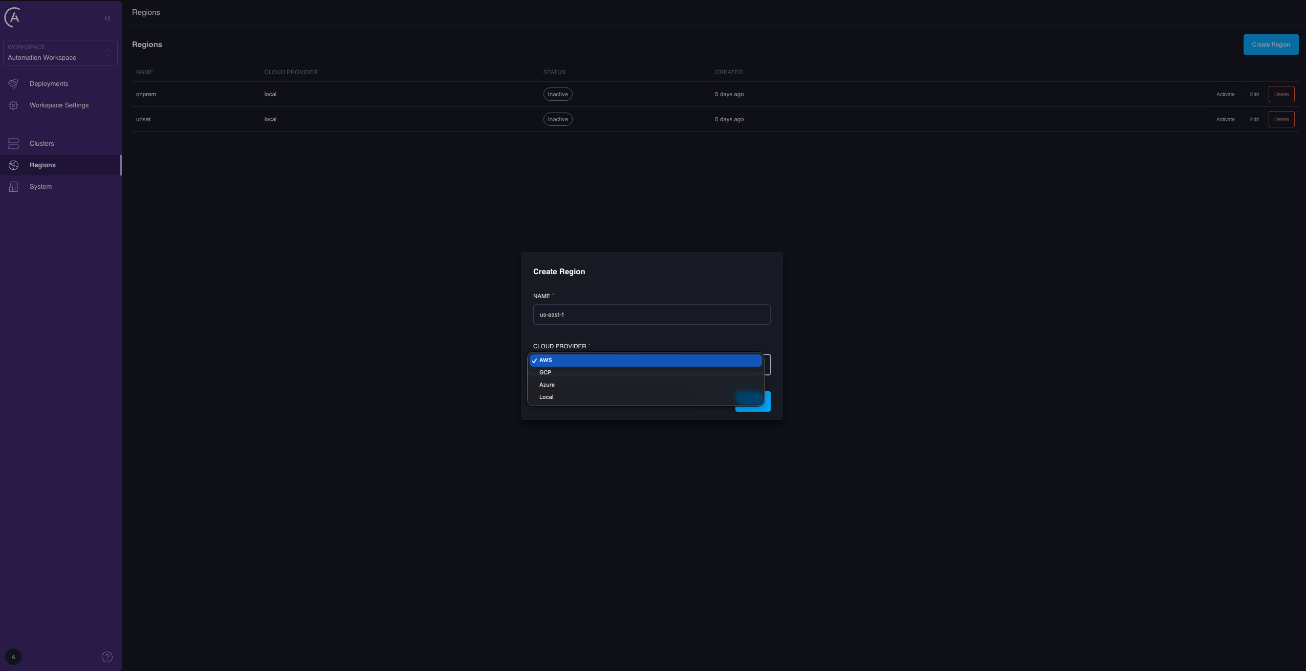 The Cloud Provider dropdown in the Create Region dialog
