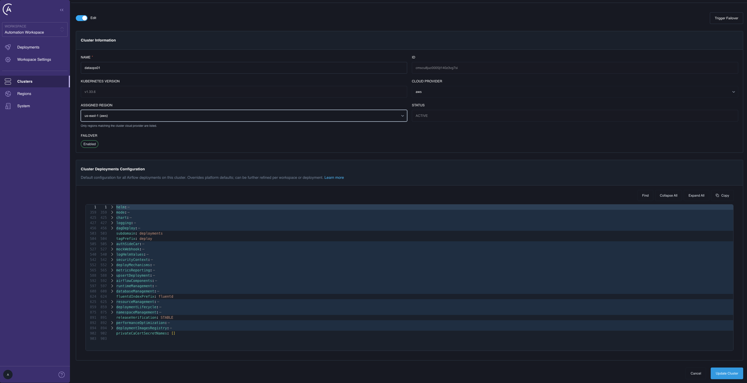 A cluster with its cloud provider and assigned region both updated