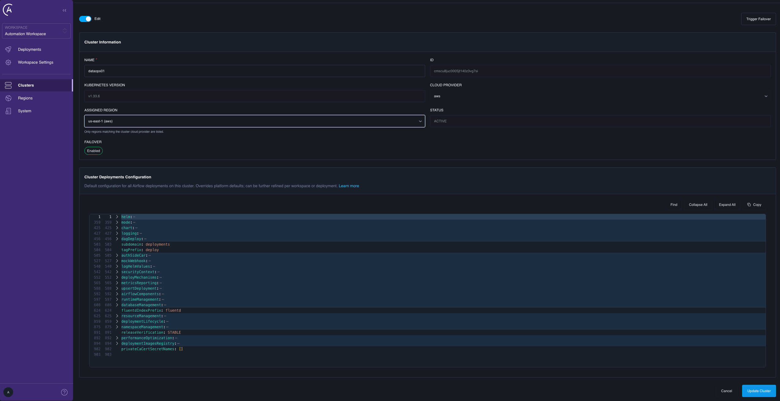 A cluster with its cloud provider and assigned region both updated