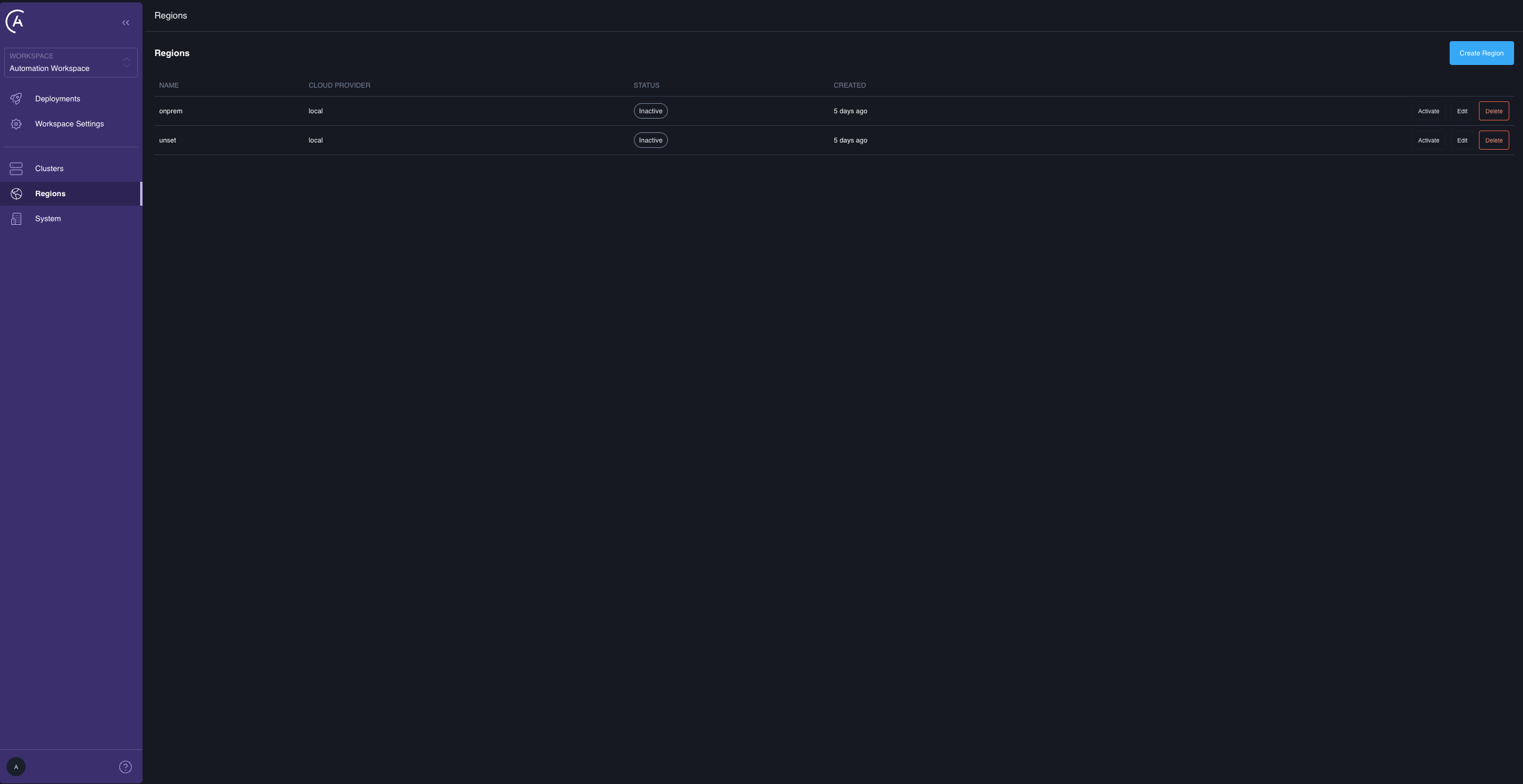 The Regions admin page listing the two seeded regions