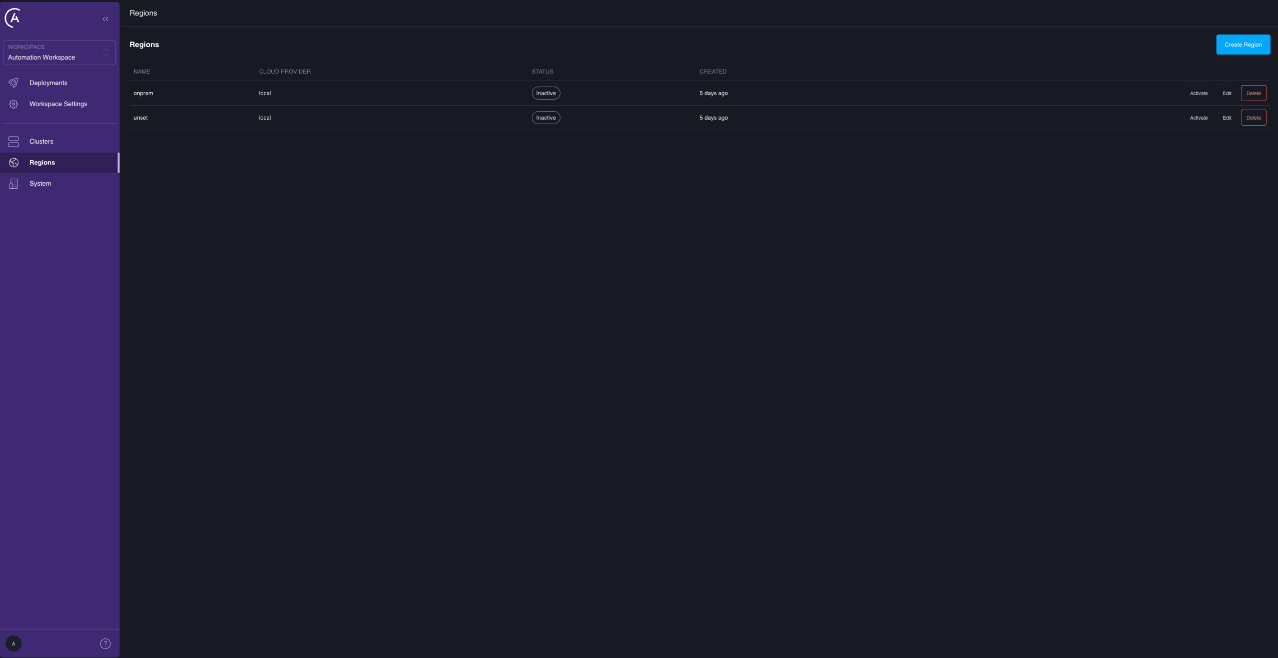 The Regions admin page listing the two seeded regions