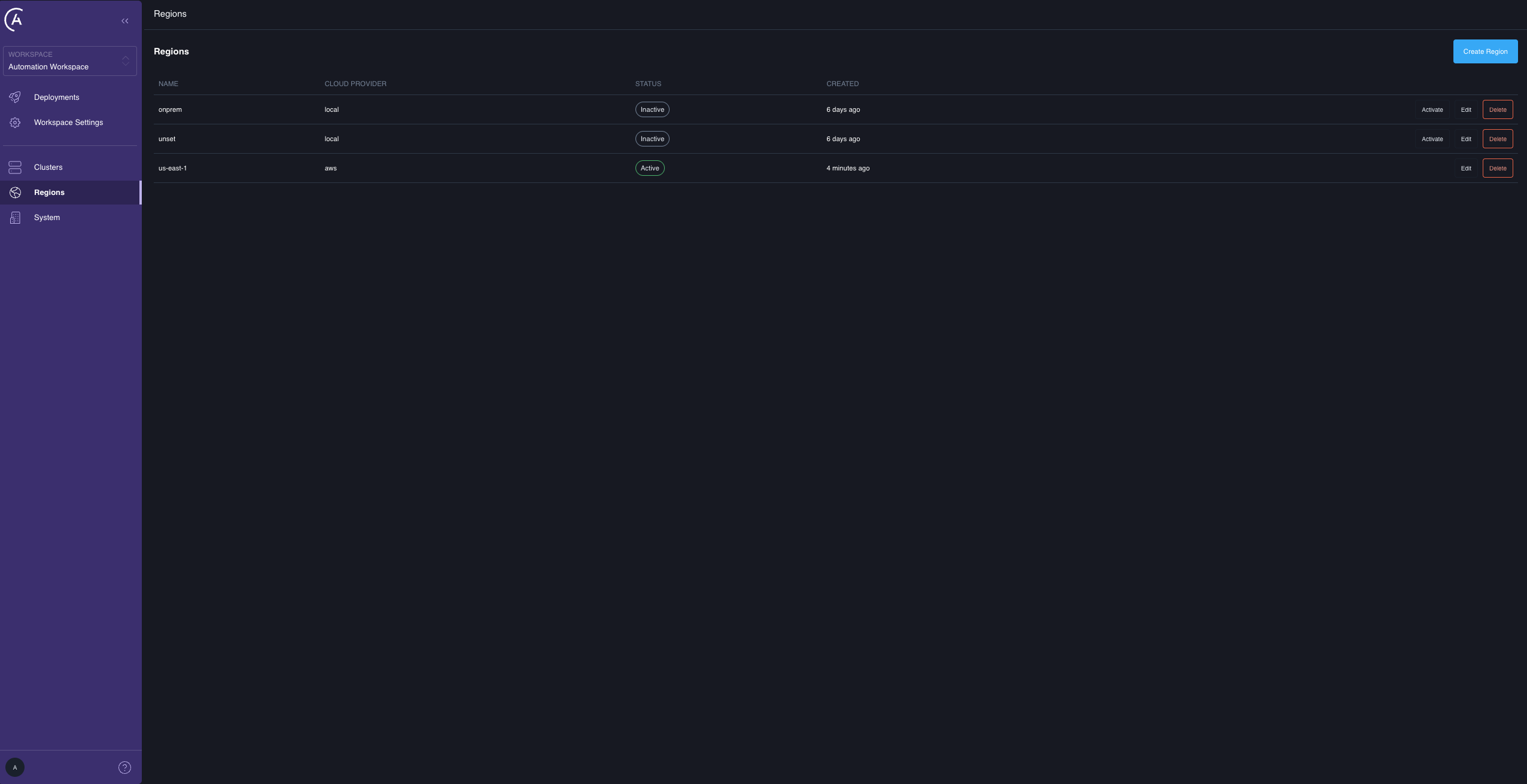 The Regions page listing regions with their cloud provider and status