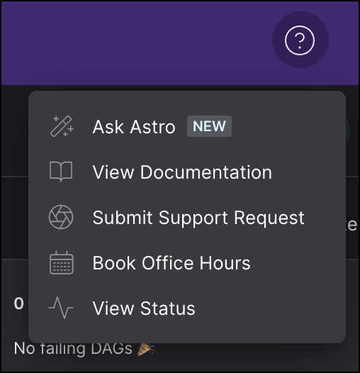 The support menu, accessed using the Help button in the top menu of the Astro UI