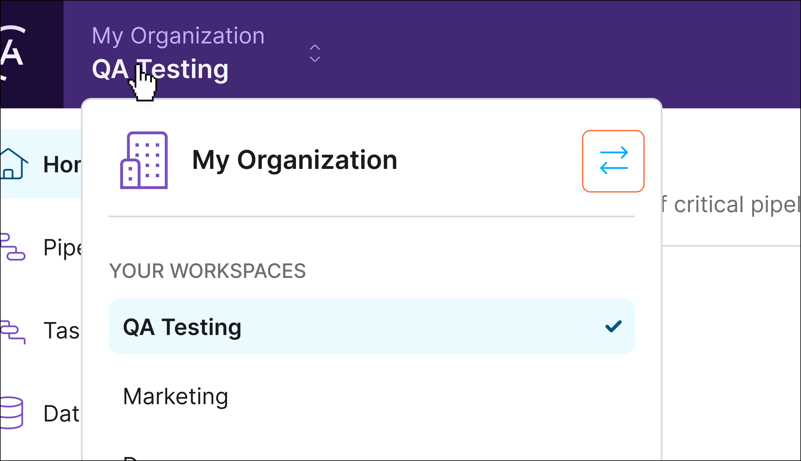 Switch Organizations button