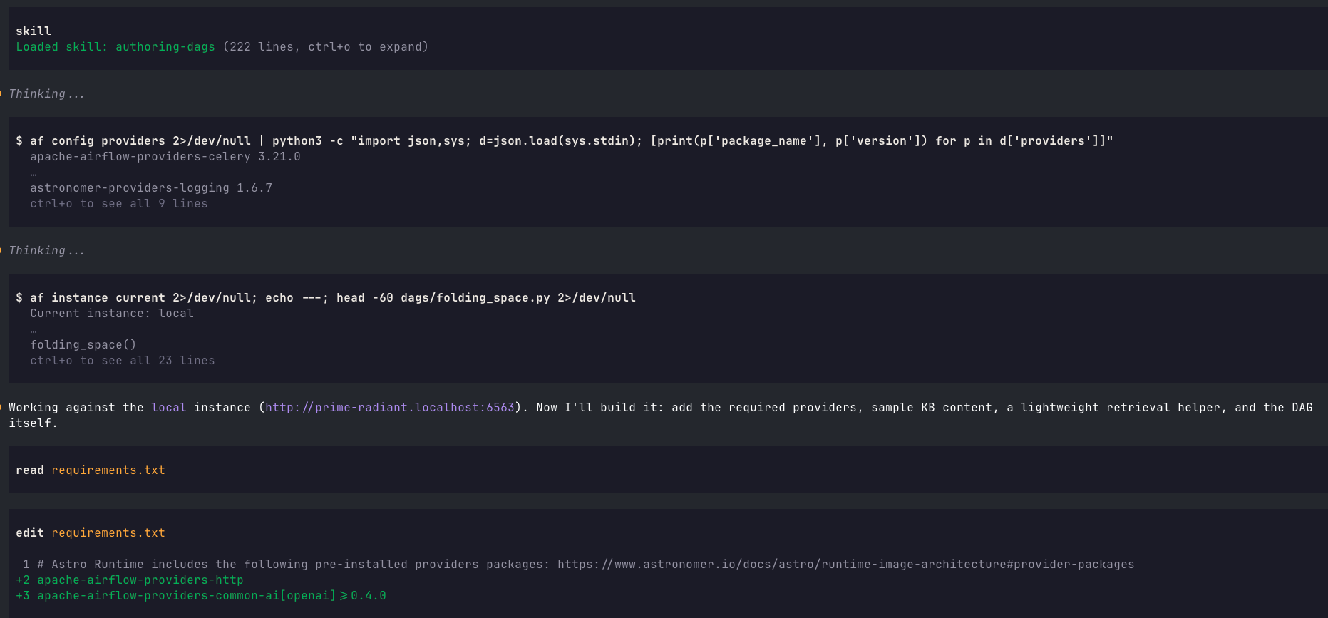 Otto implementing a Dag in an agentic loop, inspecting installed providers with the Astro CLI, reading the current Airflow instance, and editing requirements.txt to add required provider packages.