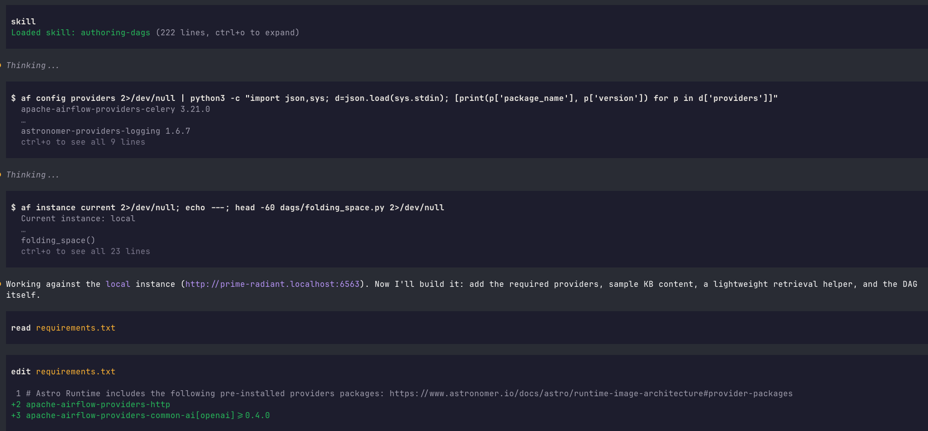 Otto implementing a Dag in an agentic loop, inspecting installed providers with the Astro CLI, reading the current Airflow instance, and editing requirements.txt to add required provider packages.