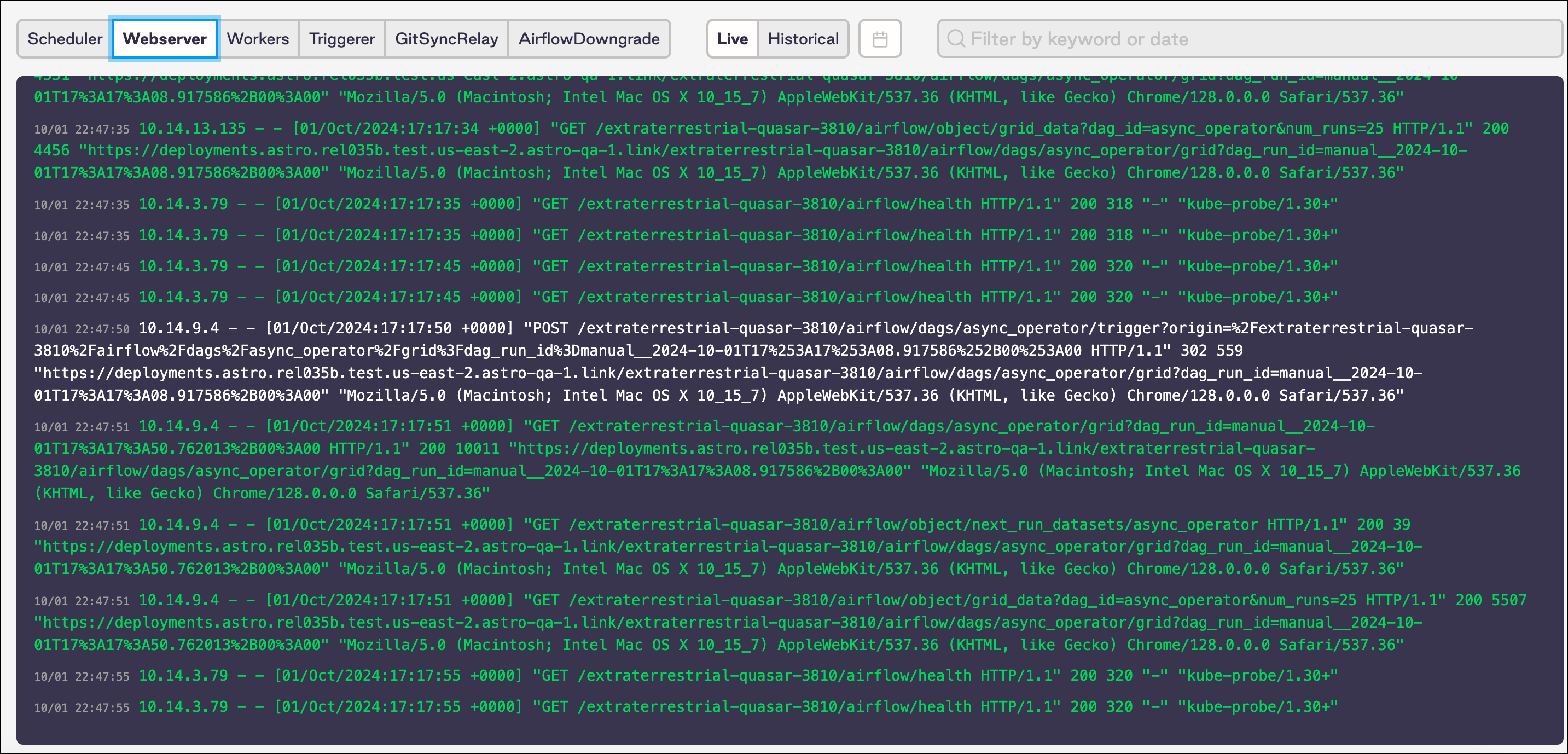 An example of the Webserver Logs Page