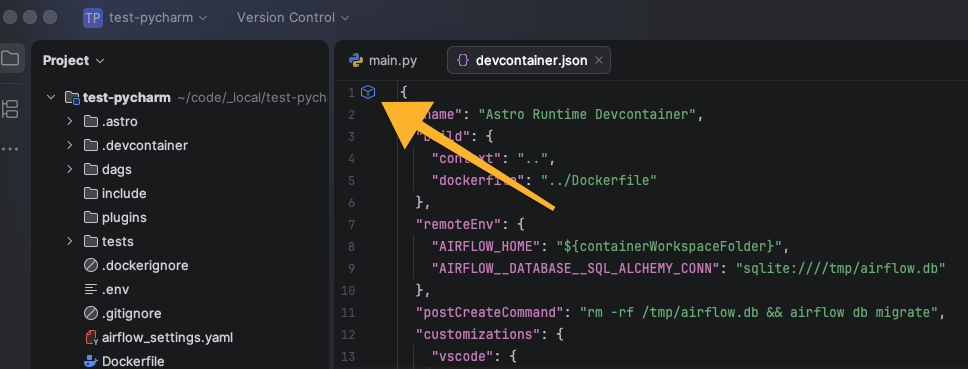 The Dev Container gutter icon appears next to the first line of an open devcontainer.json file