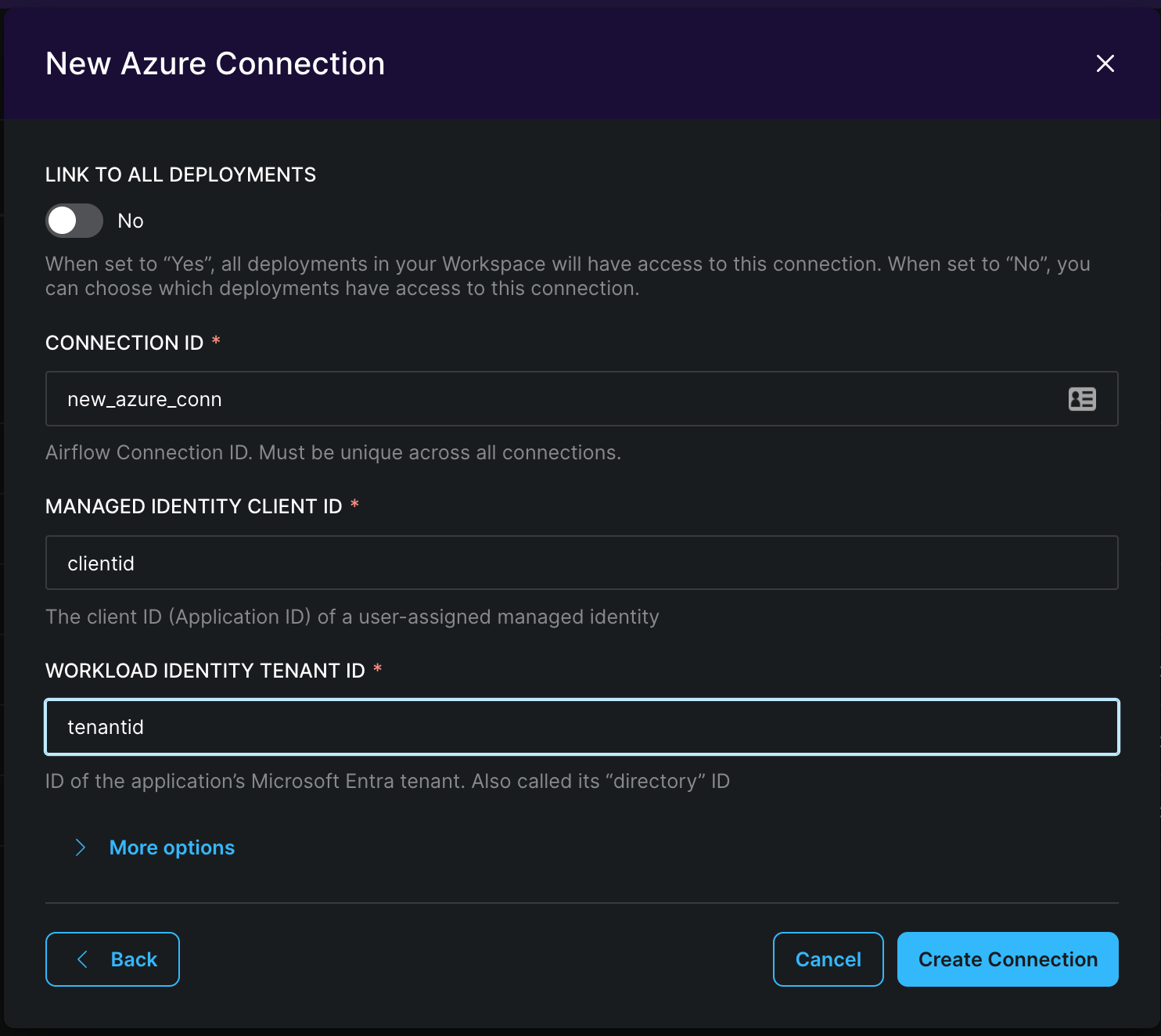 Example Azure workload identity connection