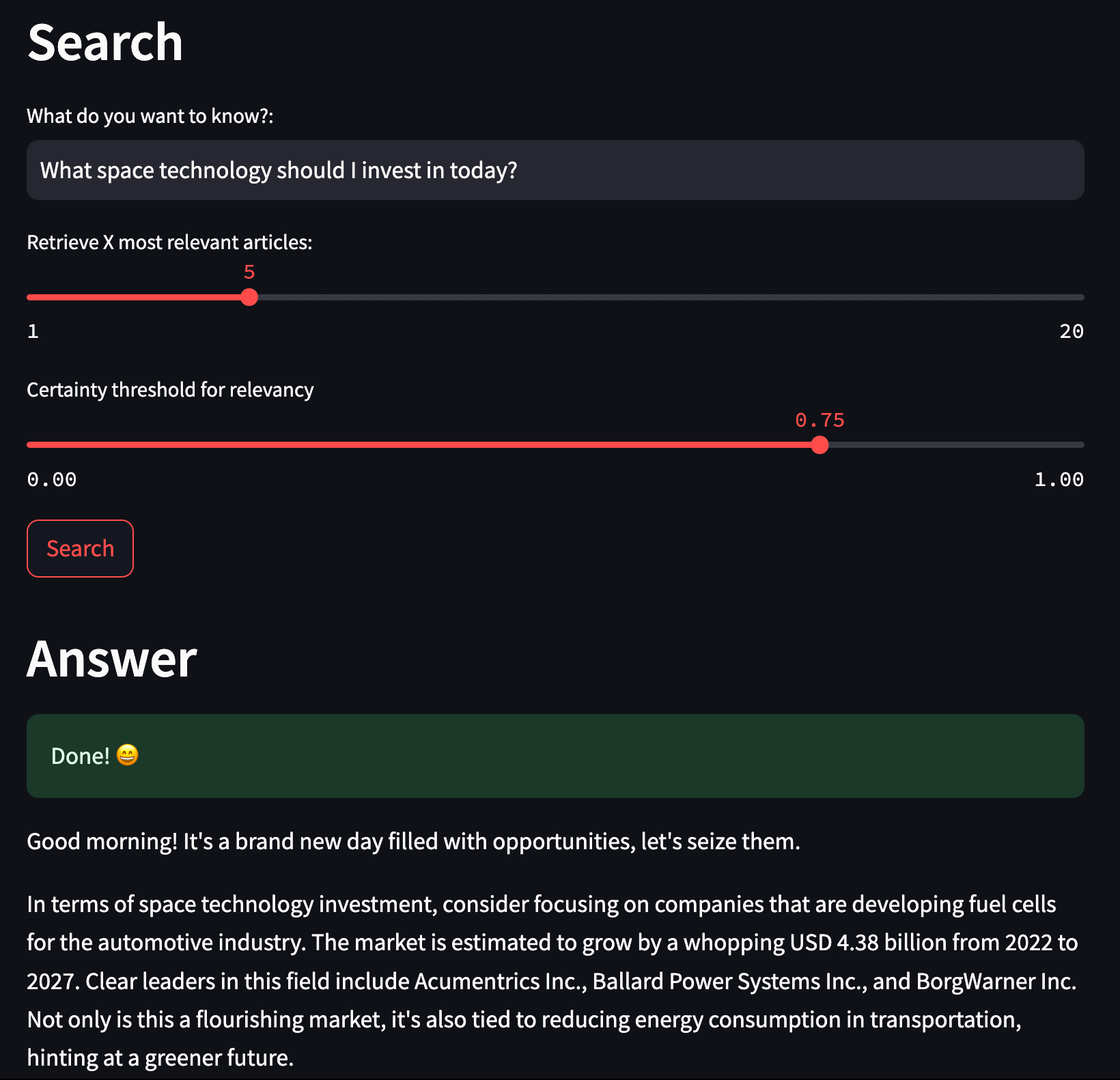 A screenshot of the Streamlit application created in this use case with a augmented GPT created answer for the question "What space technology should I invest in today?"