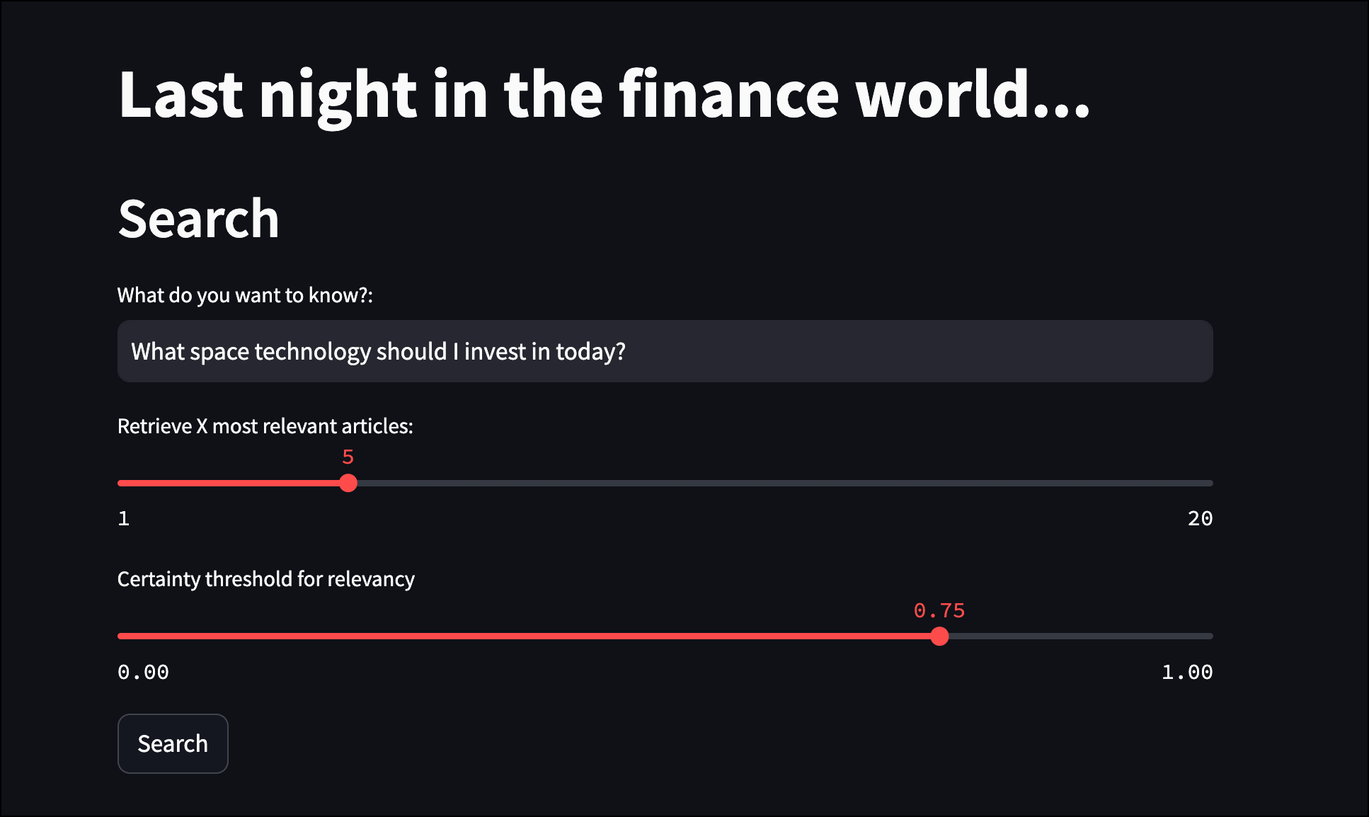 Screenshot of the Streamlit app showing the prompt field and two sliders, one for number of relevant article chunks retrieved, one to adjust the certainty.