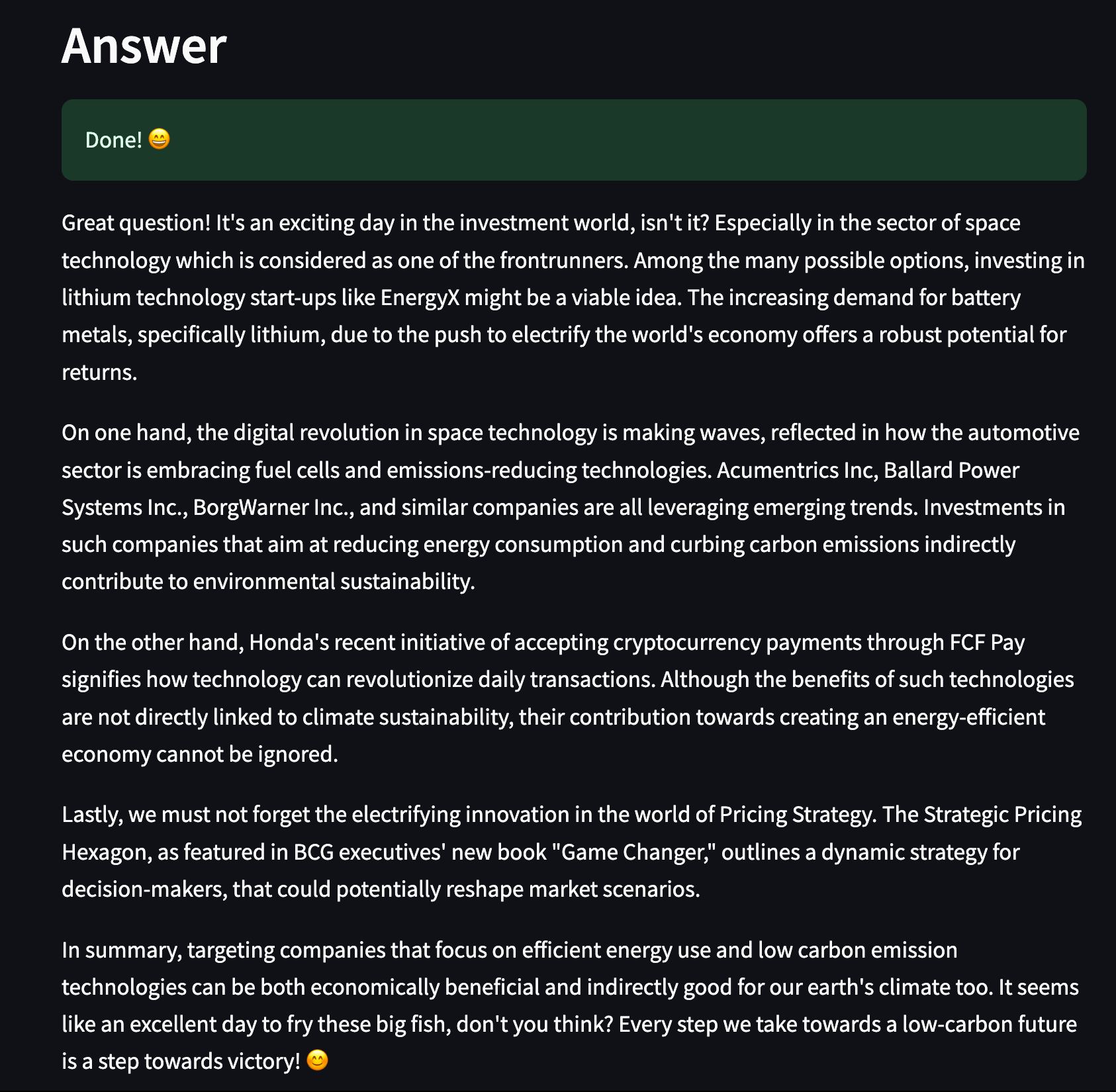 Screenshot of the Streamlit app showing an example answer of the application.