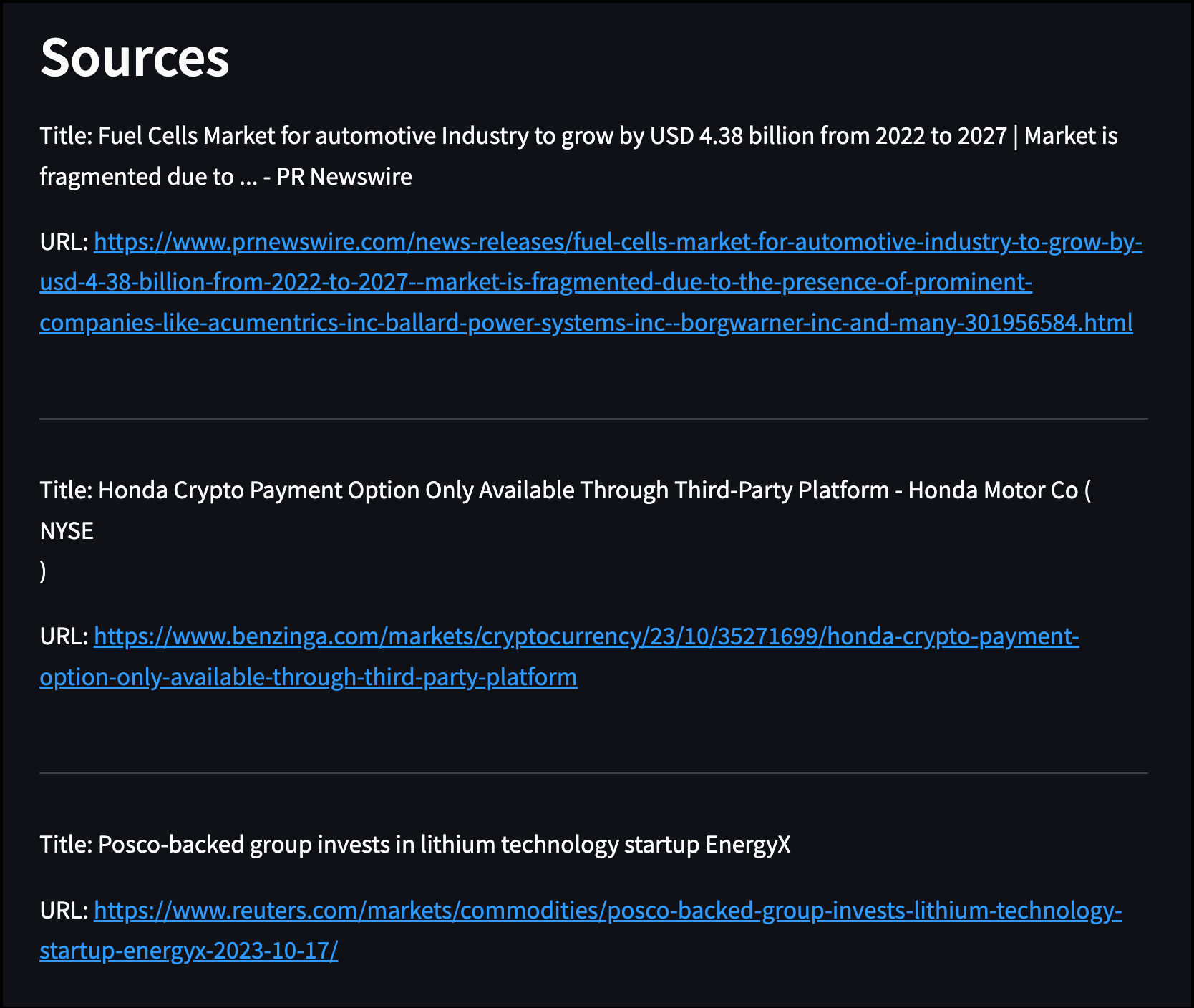 Screenshot of the Streamlit app showing the sources that were incorporated in the augmented prompt displayed below the answer.