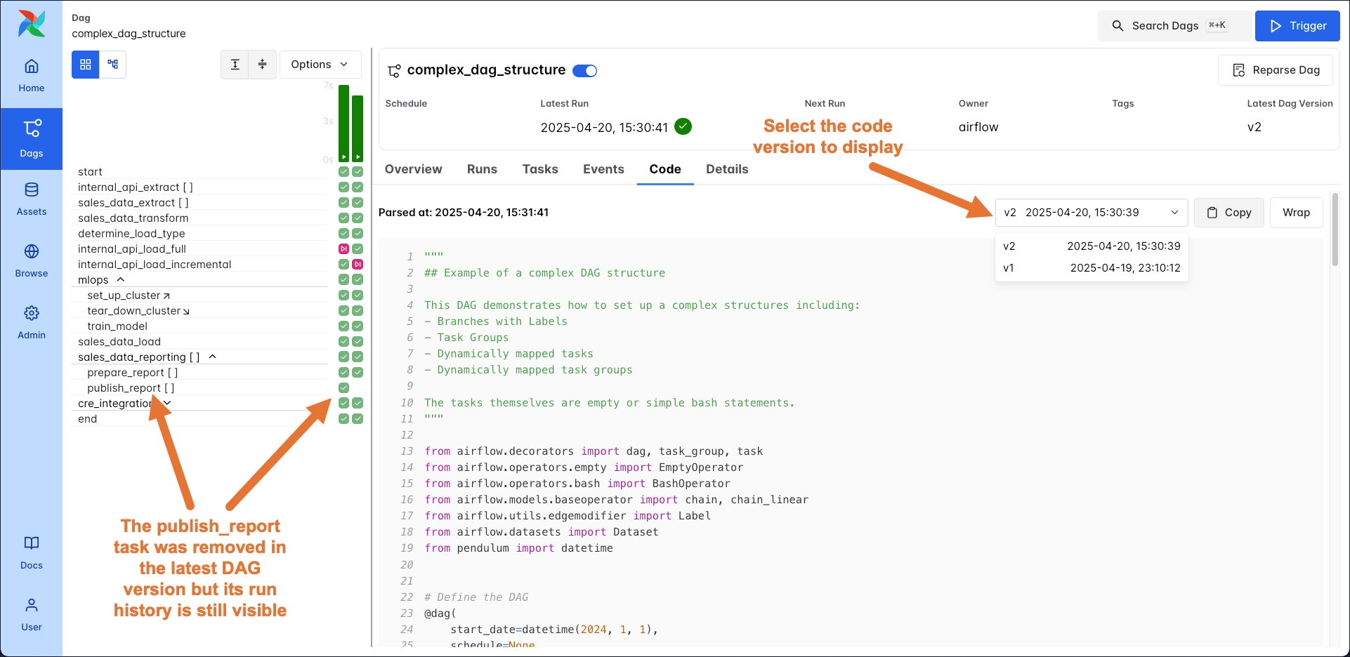 Dag versioning in the Airflow UI grid and code tab.