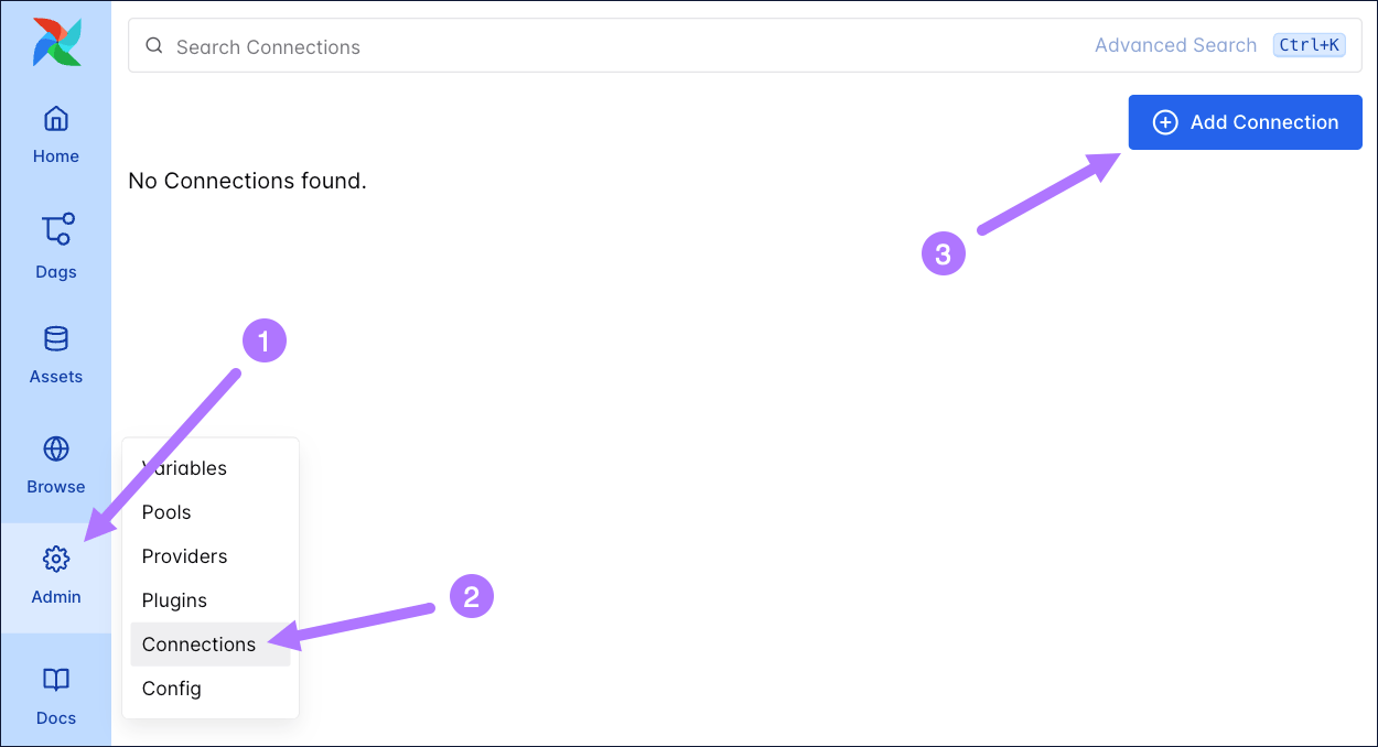 Create a new connection by clicking on Admin, Connections and Add connection.