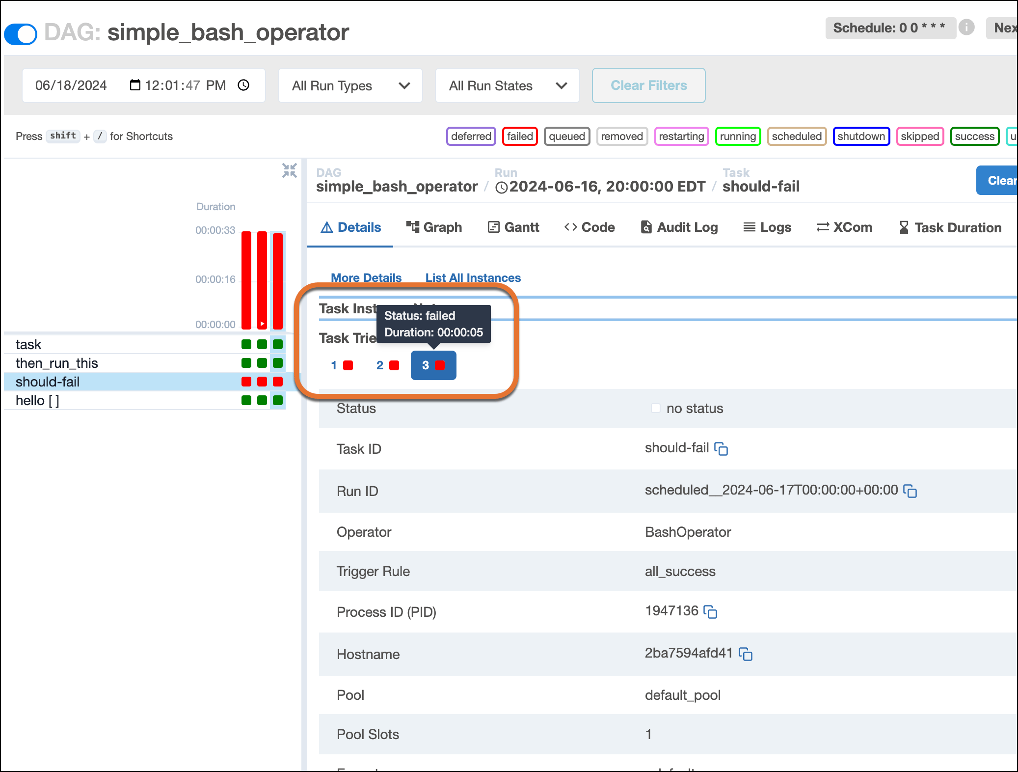 Screenshot of details tab with task try buttons.