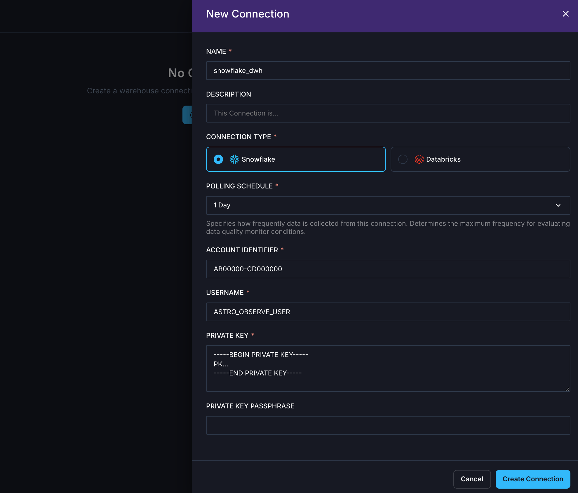 Create a new connection in Astro Observe