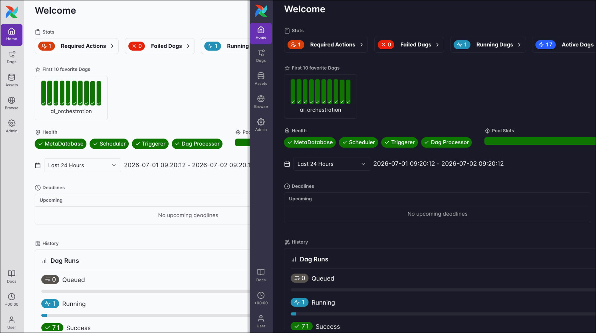Screenshot of the Airflow UI Home view in light and dark mode.