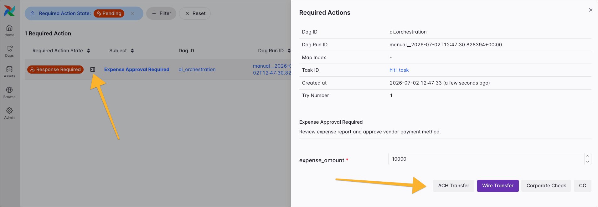 The Browse Required Actions list with the review drawer open, with arrows highlighting the Open review drawer icon and the response buttons in the drawer.