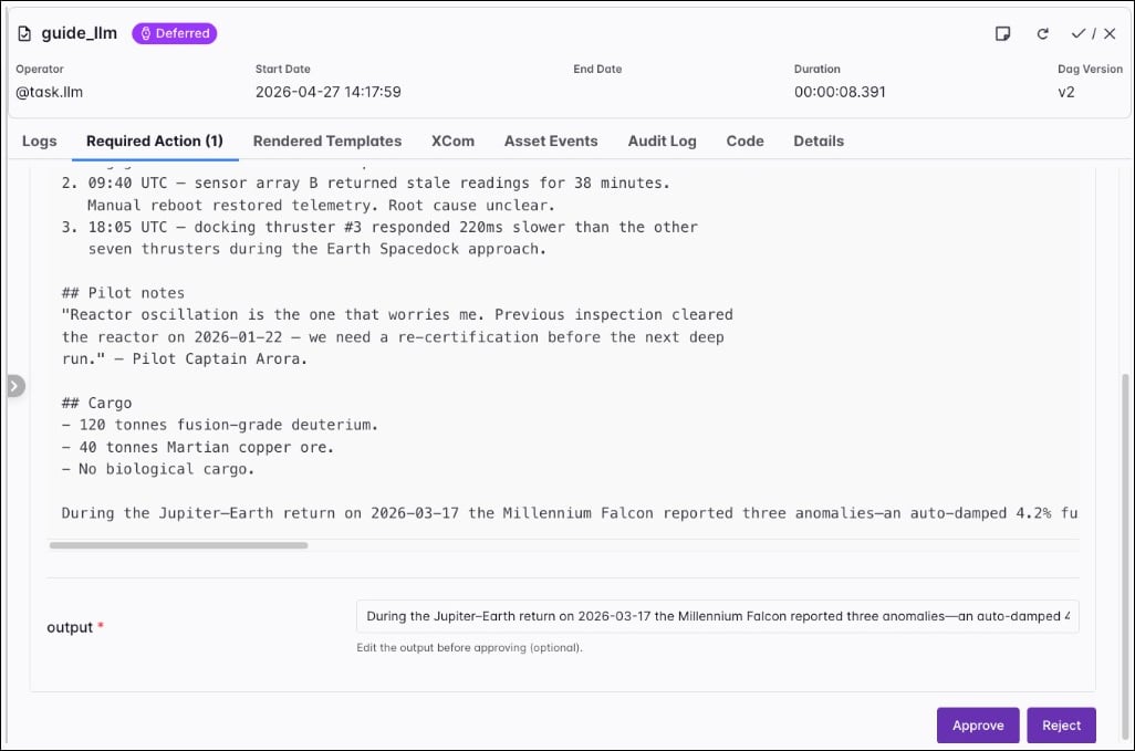 Airflow UI for a deferred llm task instance on the Required Action tab: Markdown model output (events, pilot notes, cargo), an editable output field with optional edits before approval, and Approve and Reject controls.