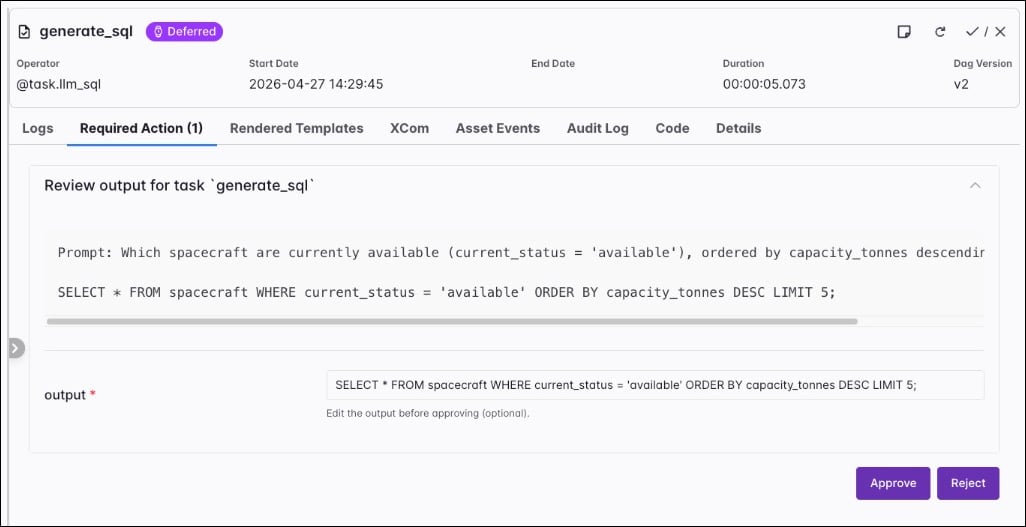 Airflow UI for a deferred llm_sql task instance on the Required Action tab: natural language prompt about available spacecraft, generated SELECT on the spacecraft table, an editable output field for the SQL, and Approve and Reject controls.