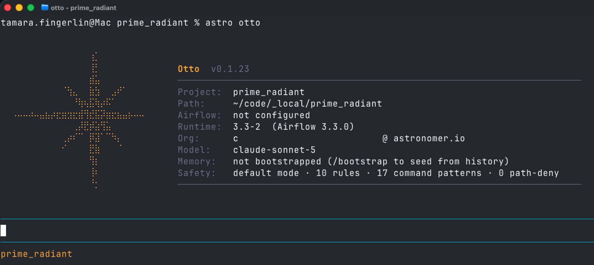 Terminal session showing the astro otto command starting an interactive Otto session, with the project, Airflow version, Runtime version, and model listed.