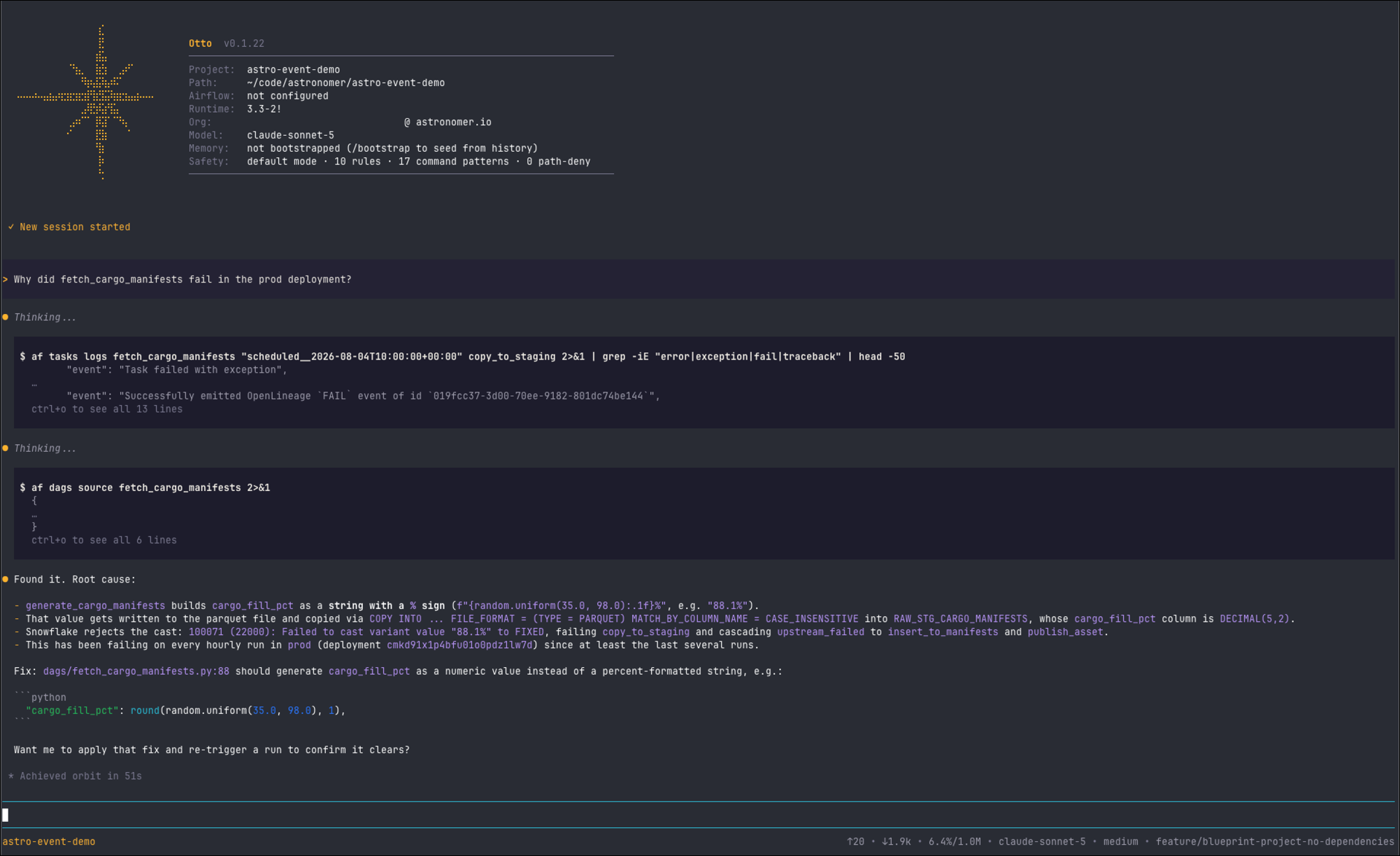 Otto investigating the same failure in a terminal. In response to the question "Why did fetch_cargo_manifests fail in the prod deployment?", Otto searches the copy_to_staging task logs for errors, reads the Dag source, and reports the root cause: cargo_fill_pct is built as a percent-formatted string, but the Snowflake column it lands in is DECIMAL(5,2). Otto names the file and line to change and offers to apply the fix and re-trigger the run.