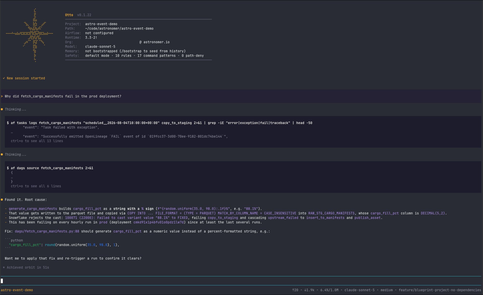 Otto investigating the same failure in a terminal. In response to the question "Why did fetch_cargo_manifests fail in the prod deployment?", Otto searches the copy_to_staging task logs for errors, reads the Dag source, and reports the root cause: cargo_fill_pct is built as a percent-formatted string, but the Snowflake column it lands in is DECIMAL(5,2). Otto names the file and line to change and offers to apply the fix and re-trigger the run.