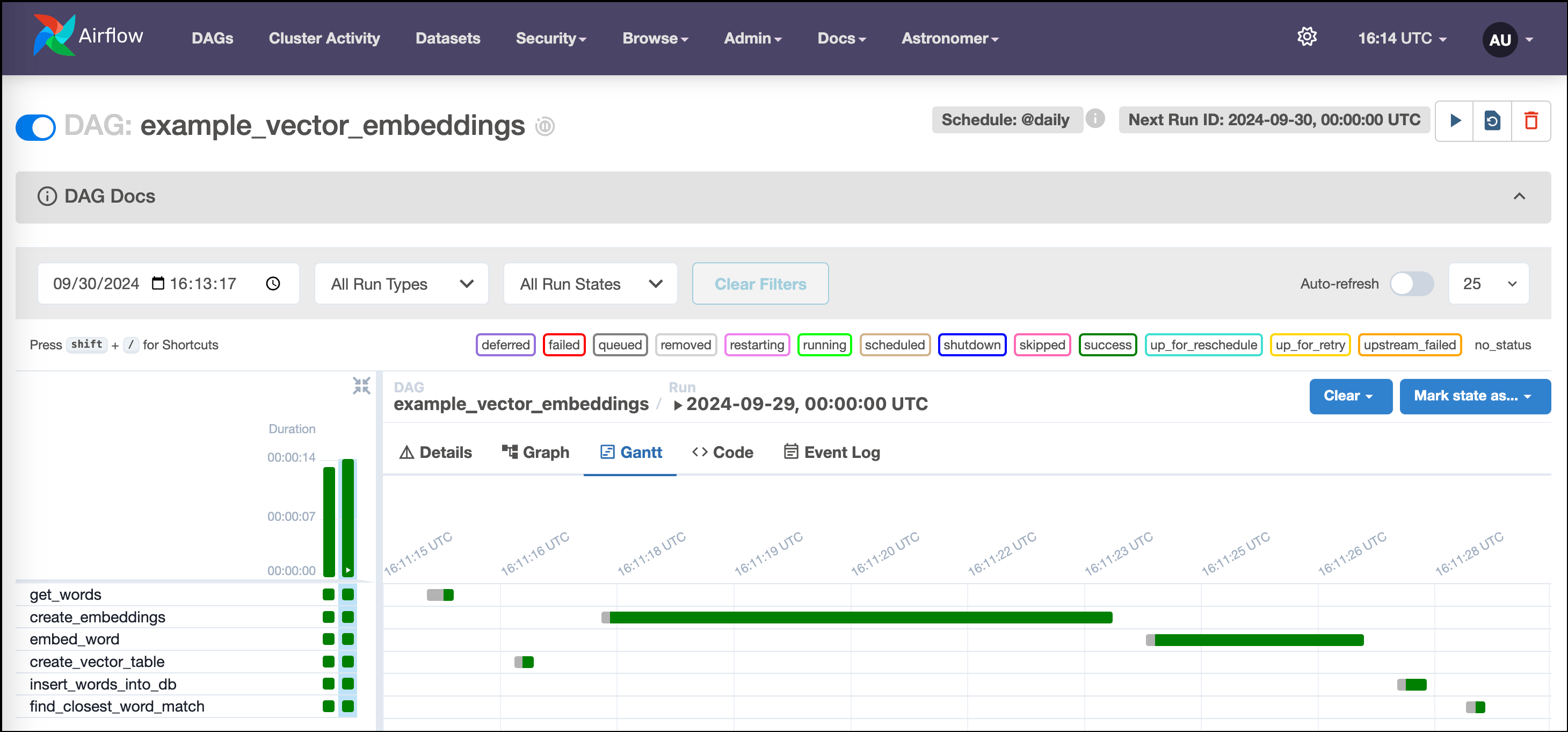 Example Vector Embeddings DAG Gantt chart