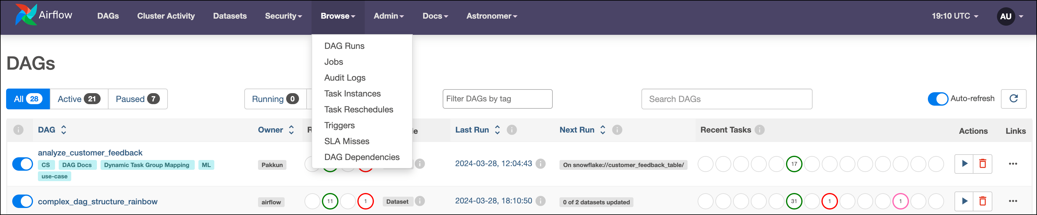 Screenshot of the Airflow UI with the Browse tab selected.