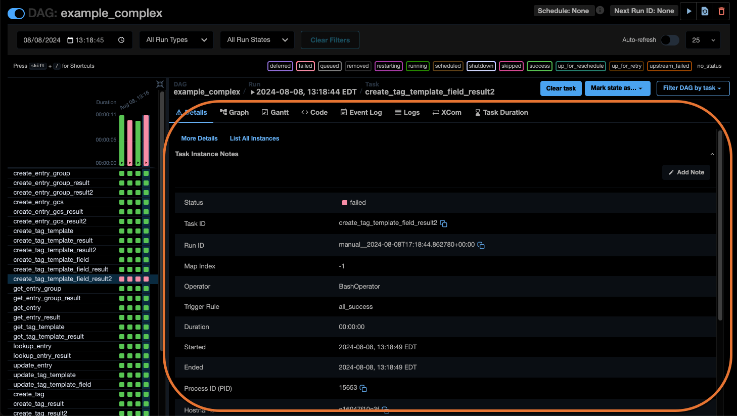 Screenshot of the Airflow UI DAG view of an individual DAG. The right side with the DAG details is highlighted.