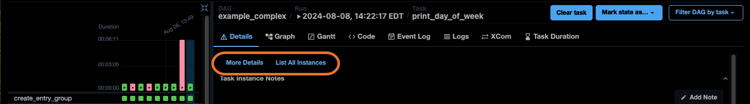 Screenshot of details shown when a task instance is selected with two additional options.