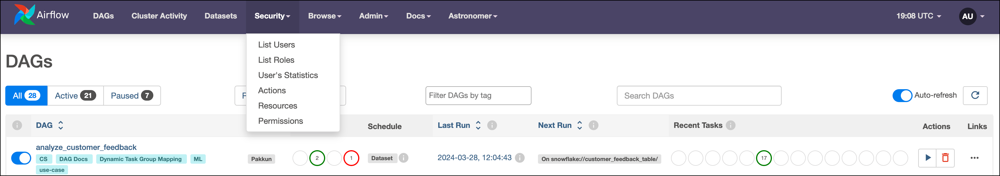 Screenshot of the security tab in the Airflow UI selected.