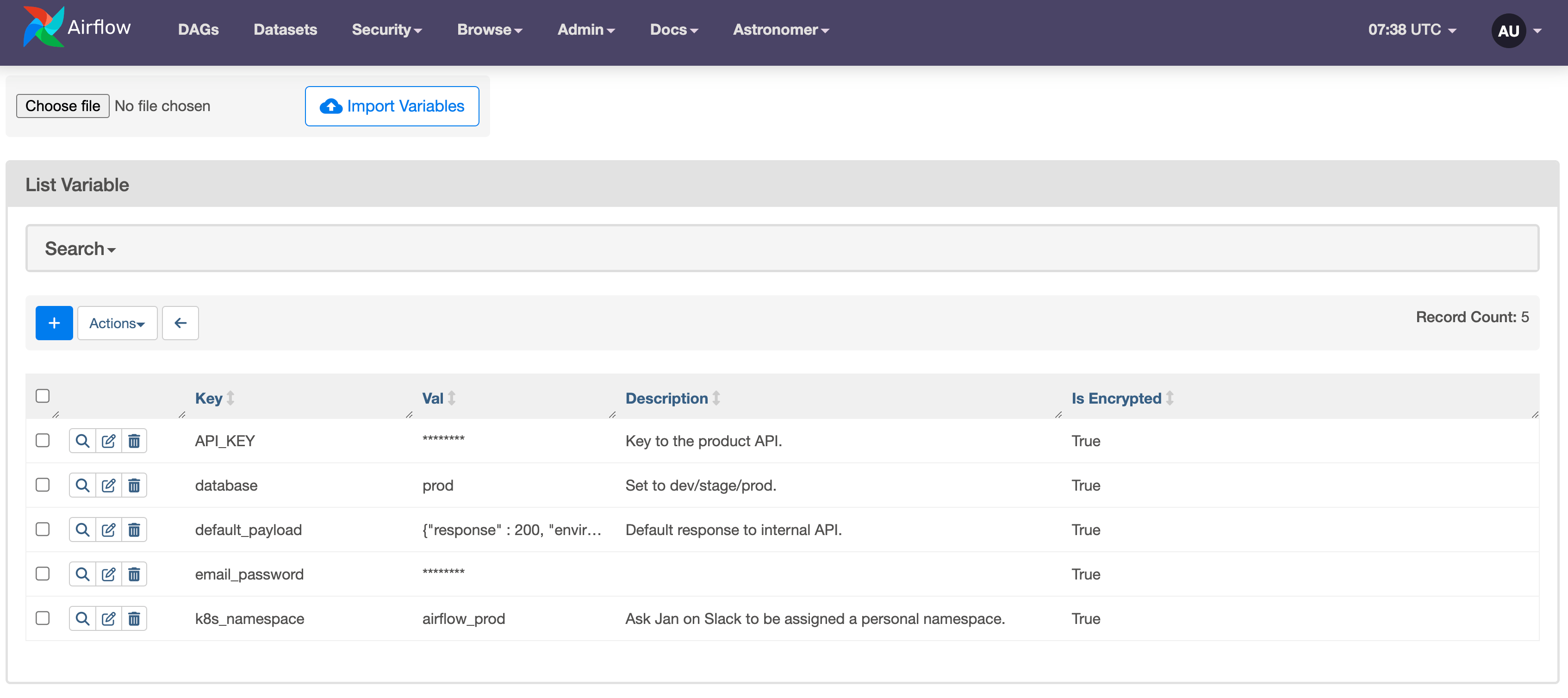 Variables in the Airflow UI
