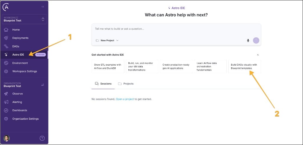Astro workspace with Astro IDE in the sidebar and the Build DAGs visually with Blueprint templates card.