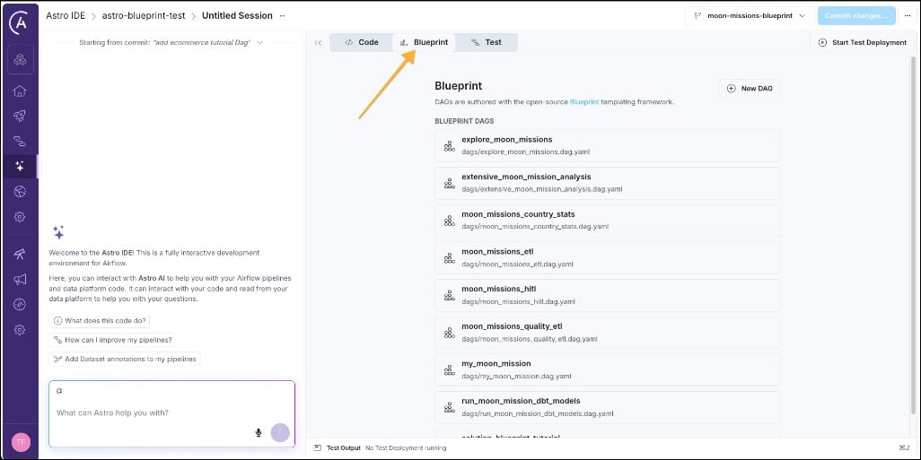 Astro IDE with the Blueprint tab selected, the Dag list, and New DAG.