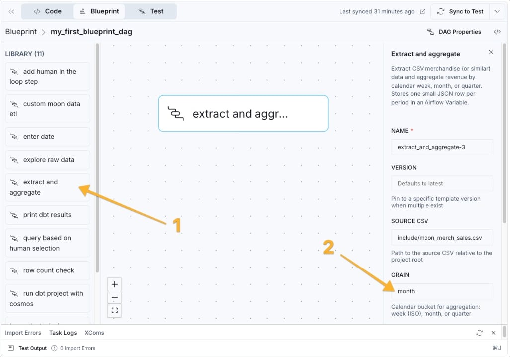 Astro IDE Blueprint canvas with extract and aggregate on the canvas, library, and configuration form with source CSV and grain.