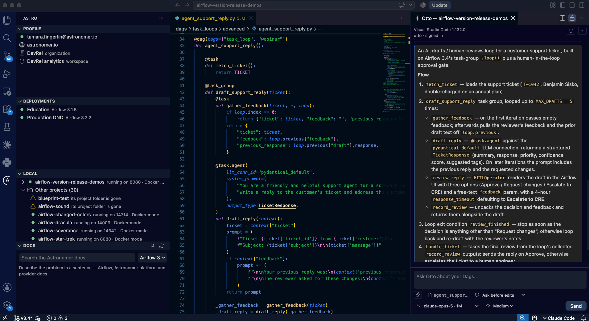VS Code with the Astro for VS Code extension, showing the Astro view with the Profile, Deployments, Local, and Docs sections on the left, a Dag file in the editor, and an Otto chat on the right that explains the Dag