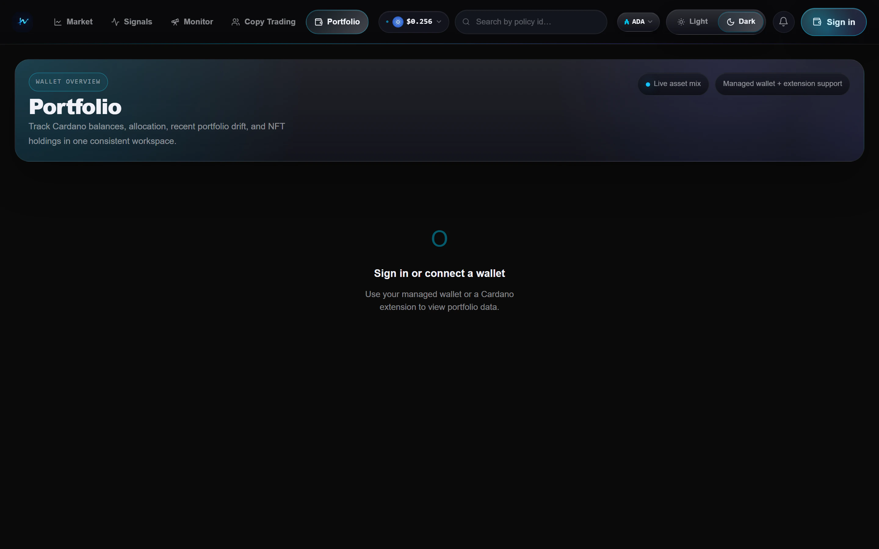 Portfolio page (signed-out state)