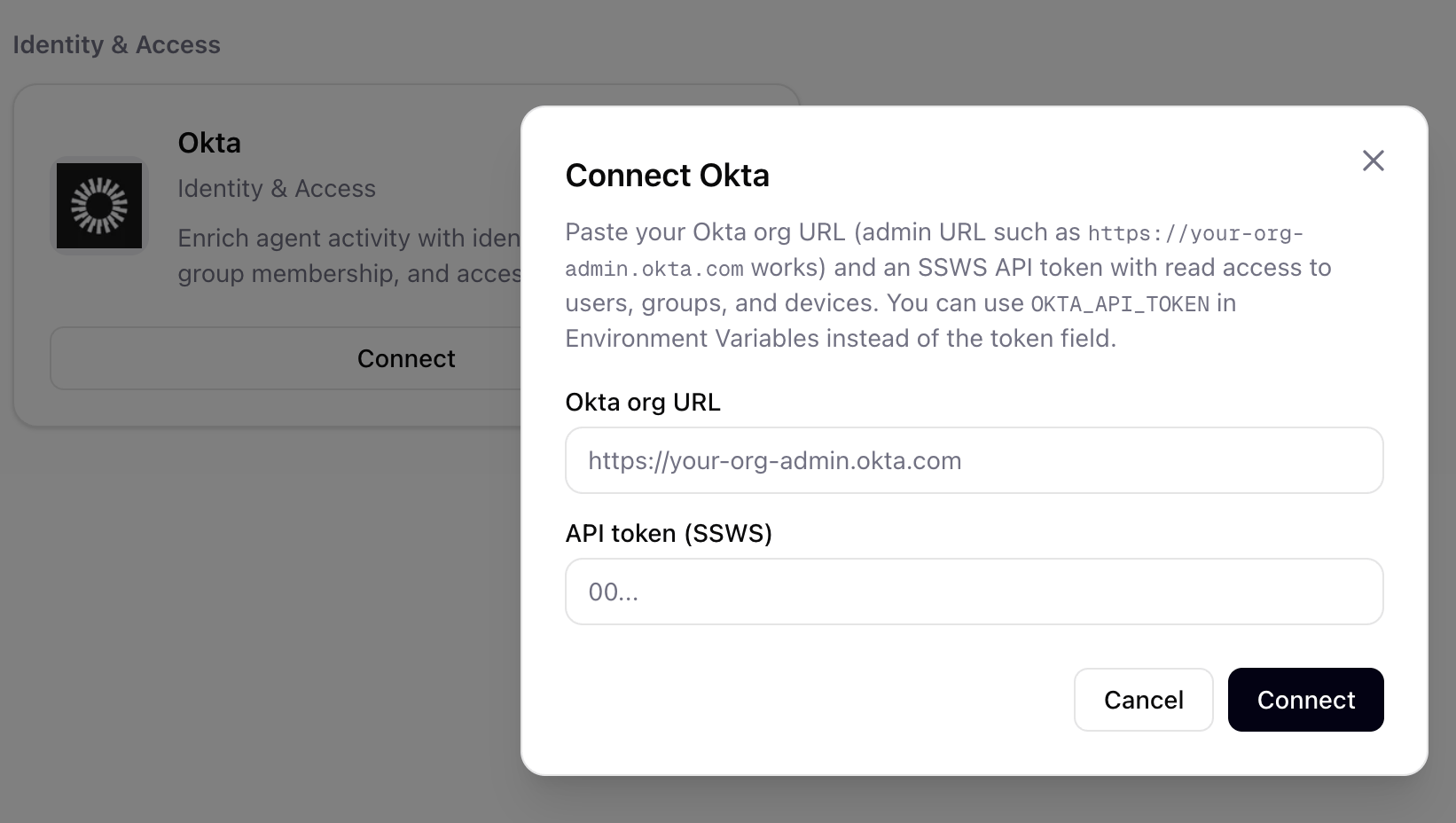 Asymptote dashboard Okta connector setup form.