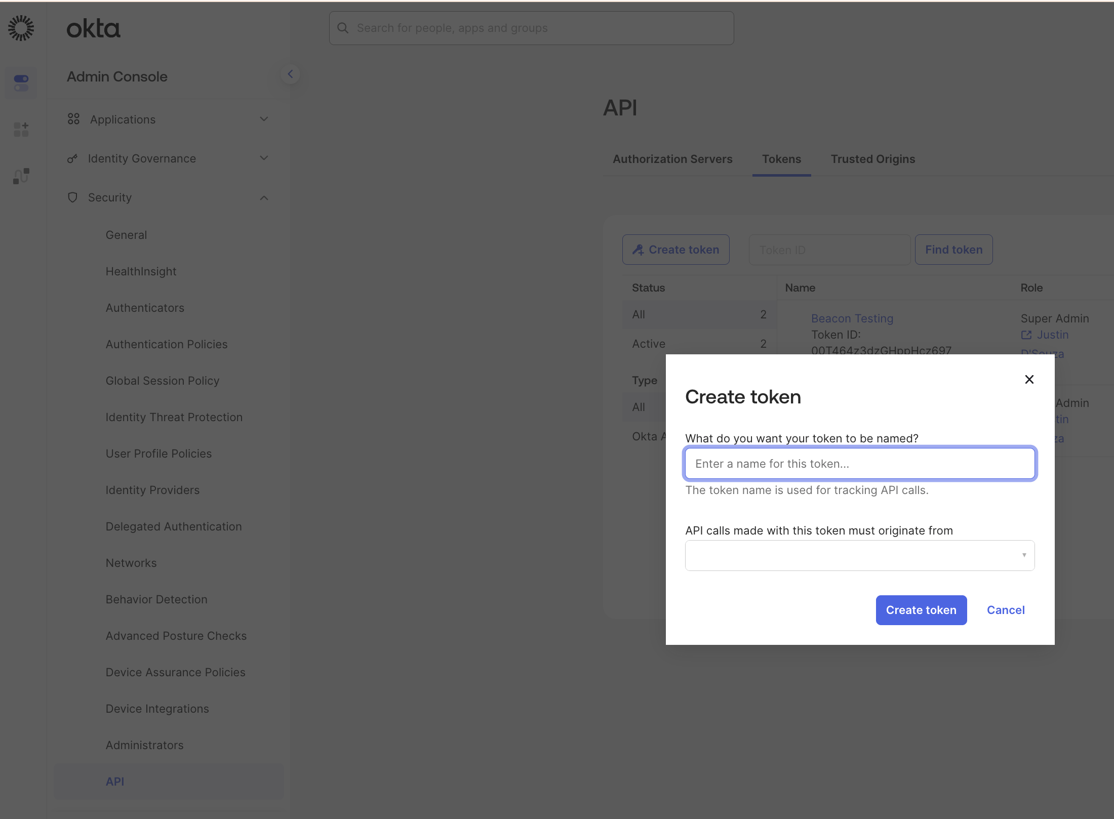 Okta Admin Console API token generation screen.